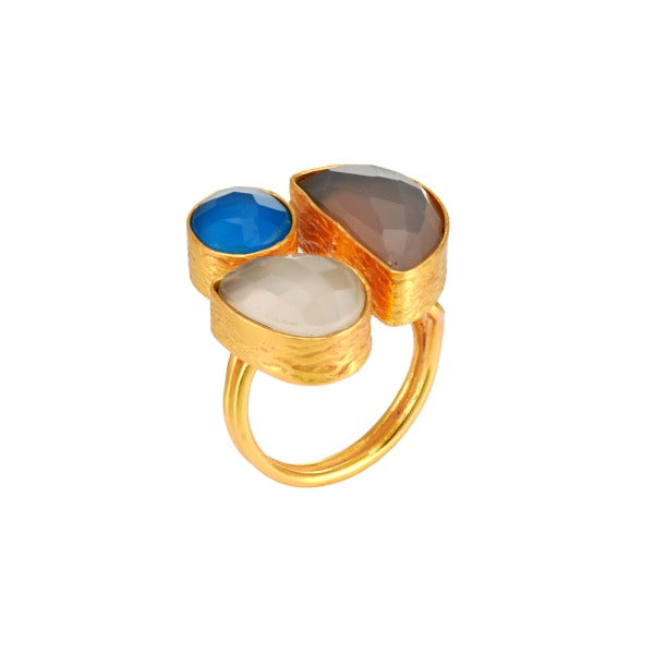 Ring Messing vergoldet Steine weiß/blau/grau
