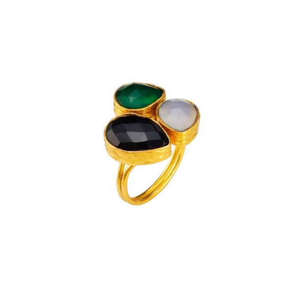 Ring aus Messing, vergoldet, schwarzer/grüner Onyx, Labradorit