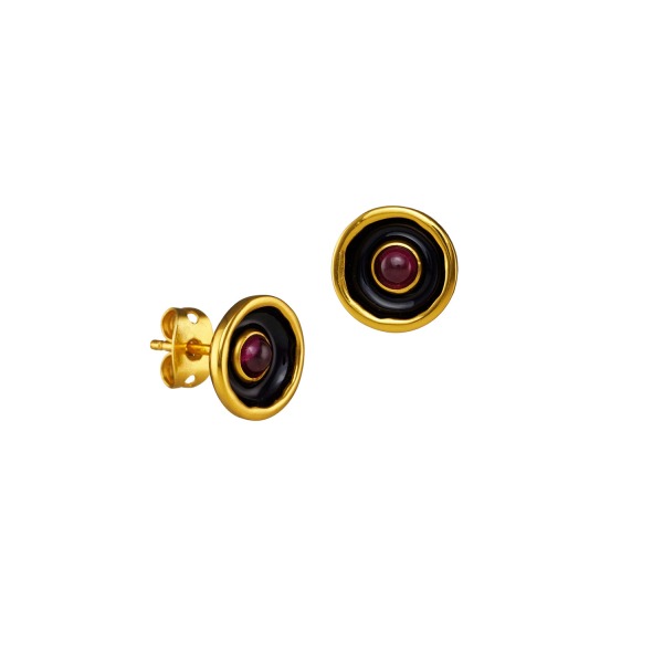 Ohrring aus Messing, vergoldet, Emaille, roter Quartz