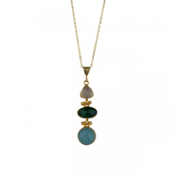 Kette aus Messing, vergoldet, Chalcedon, Rubin, Rauchquarz