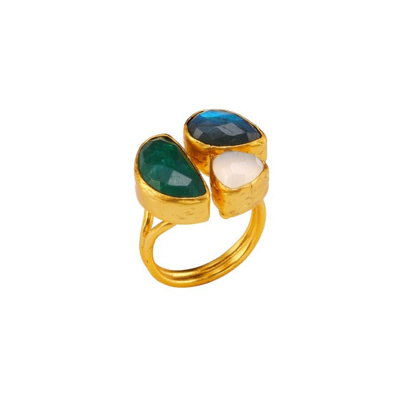 Ring Messing vergoldet Jade grün Chalcedon weiß Labradorit