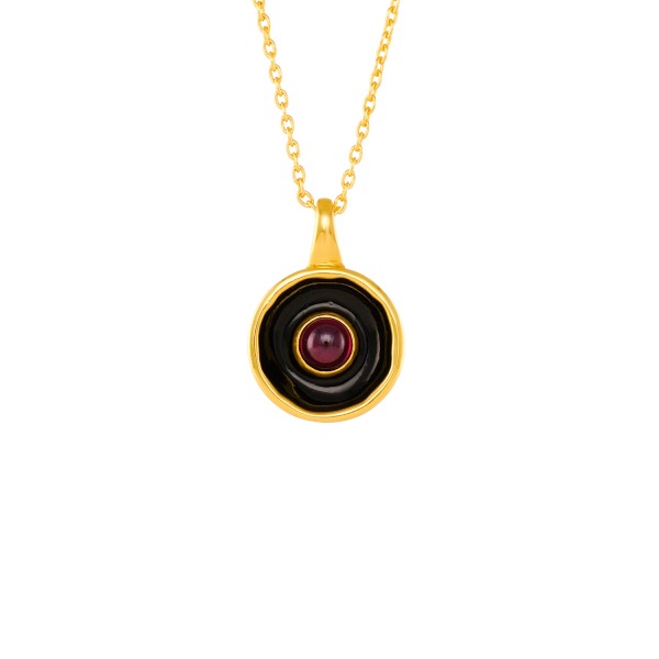 Kette aus Messing, vergoldet, Emaille, roter Quartz