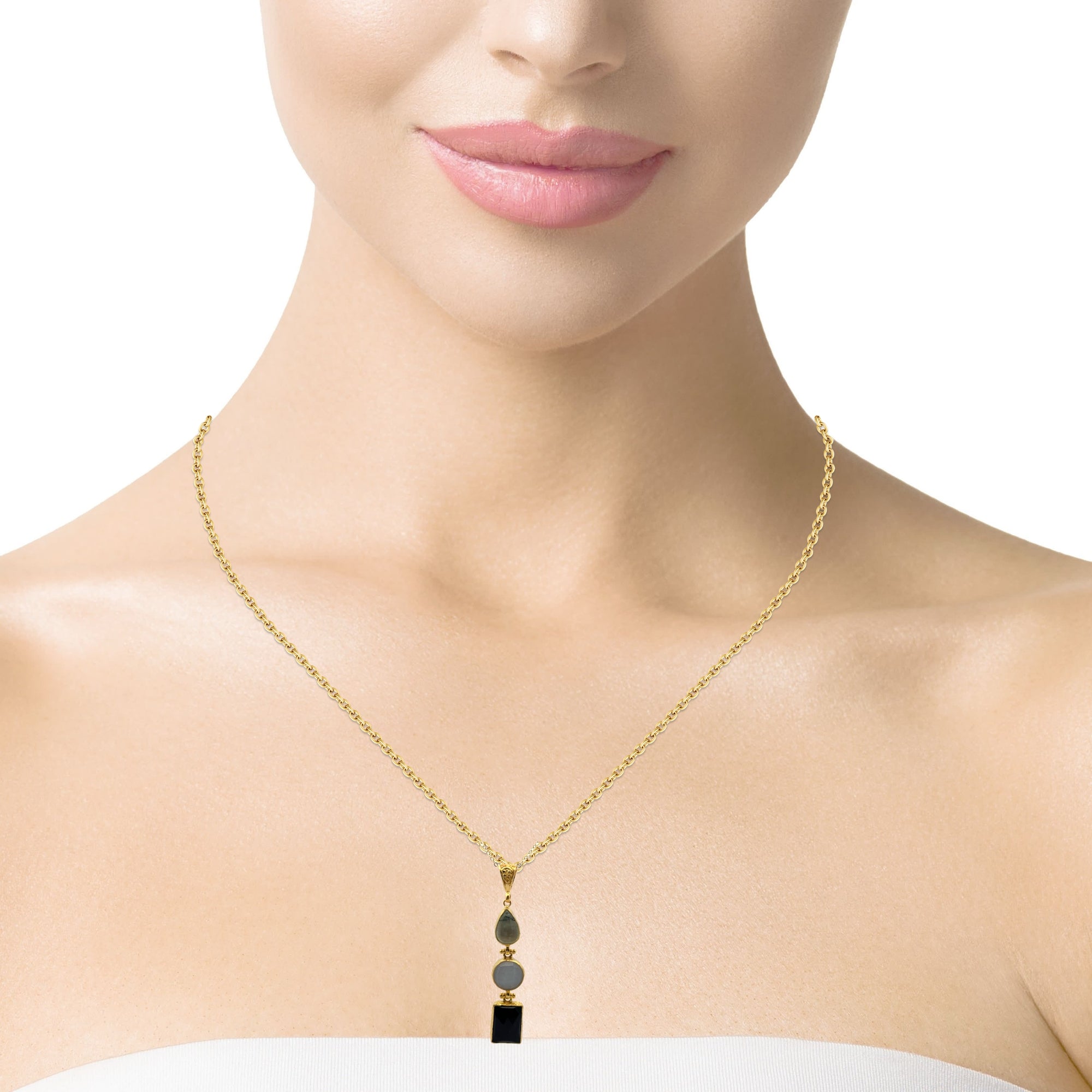 Kette Chalcedon, Rutilquarz und Onyx