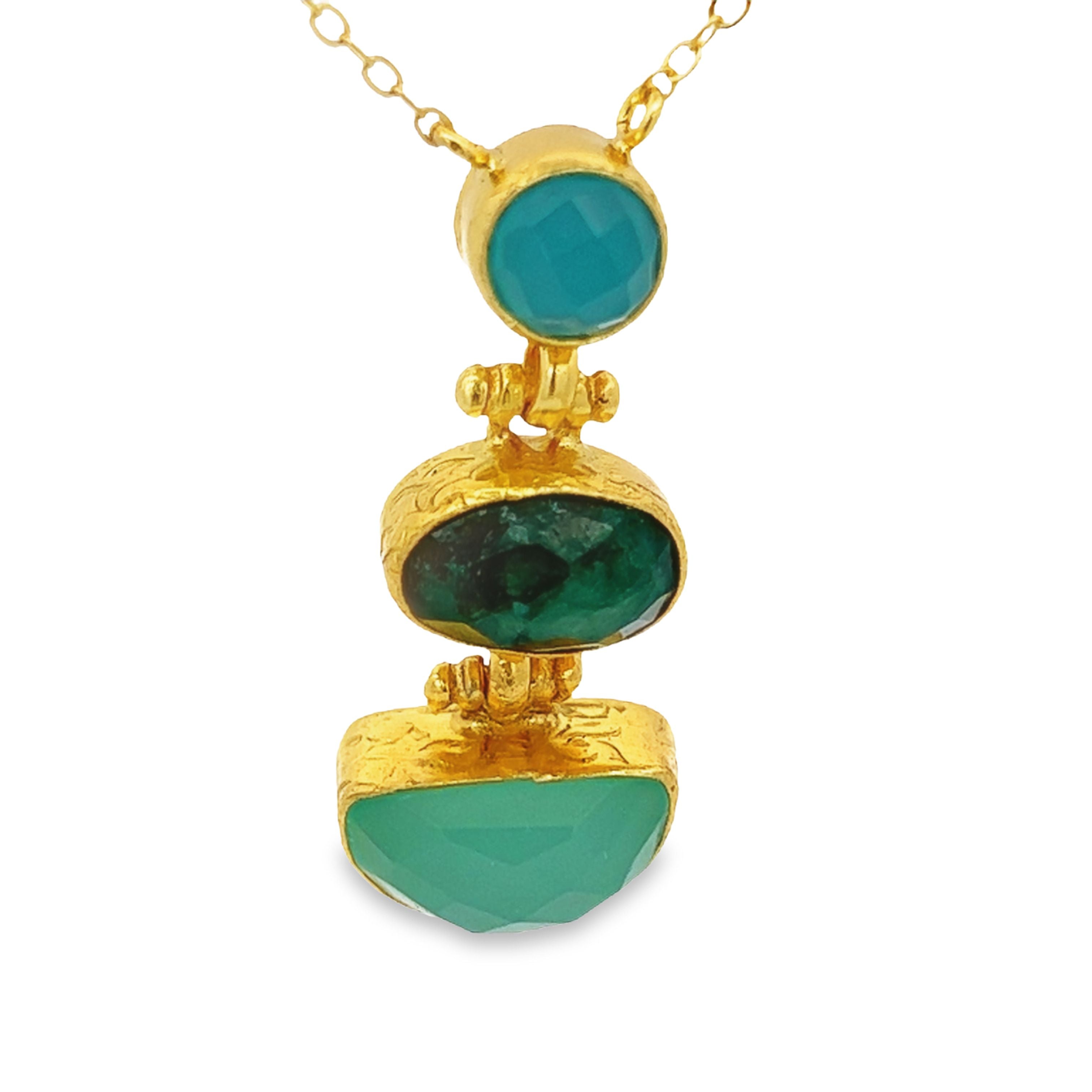 Kette Messing vergoldet blauer/grüner Chalcedon Smaragd