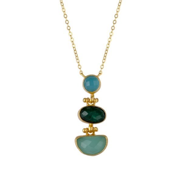 Kette Messing vergoldet blauer/grüner Chalcedon Smaragd
