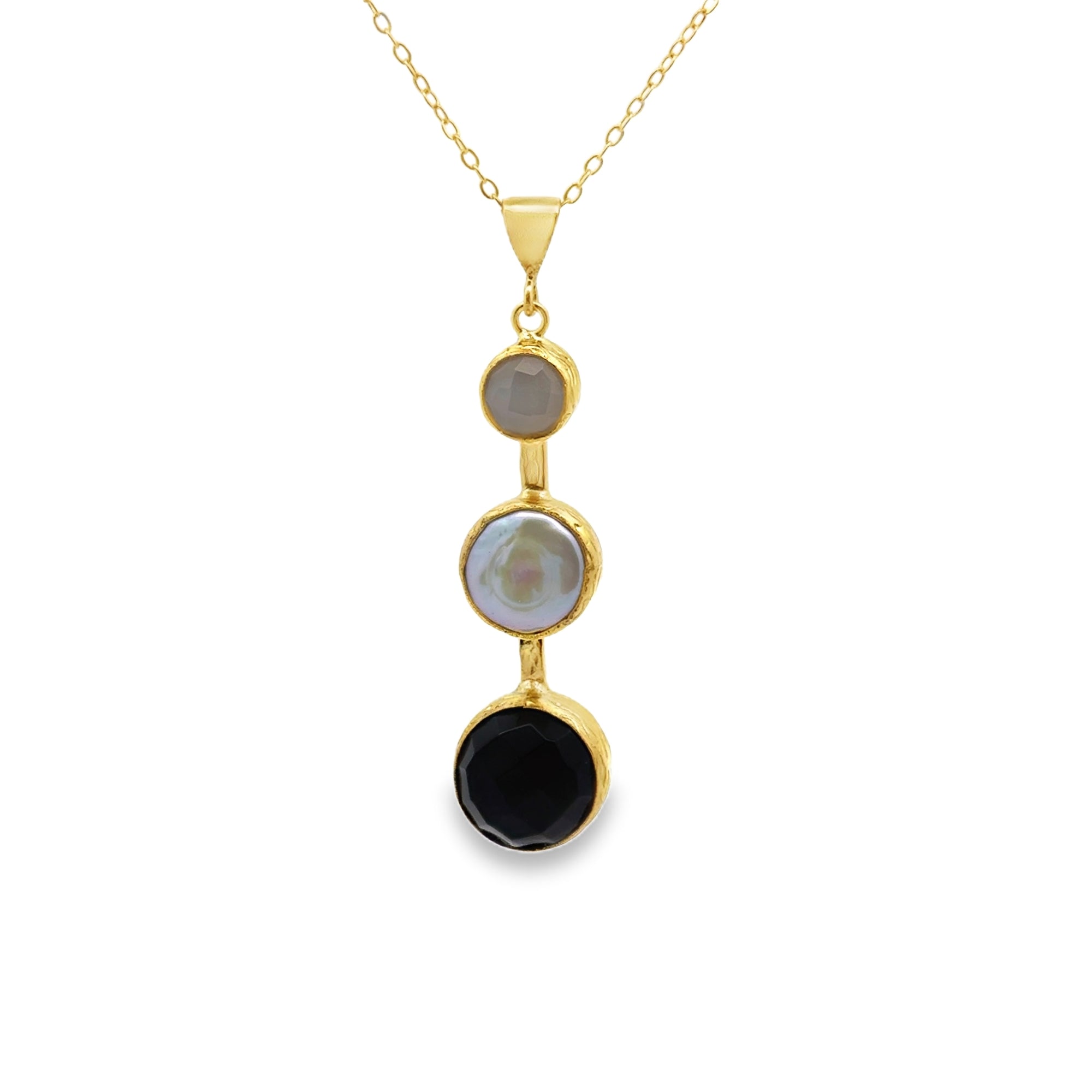 Kette Messing vergoldet, Barockperle, Onyx, Chalcedon