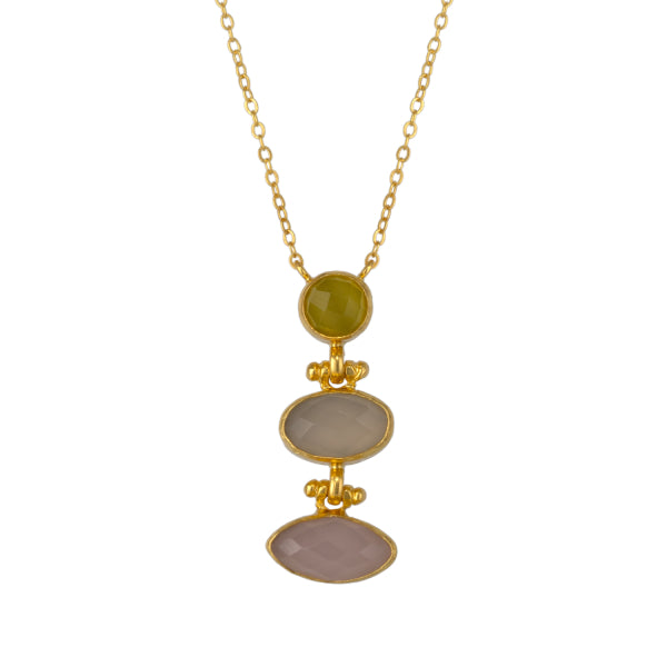 Kette Messing vergoldet, gelbes Katzenauge, Chalcedon und Rosenquarz