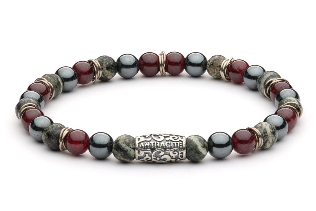 Mai Tai - Cocktail Armband 6 mm Kugeln - 925er Silber Hämatit, Serpentin, Granat