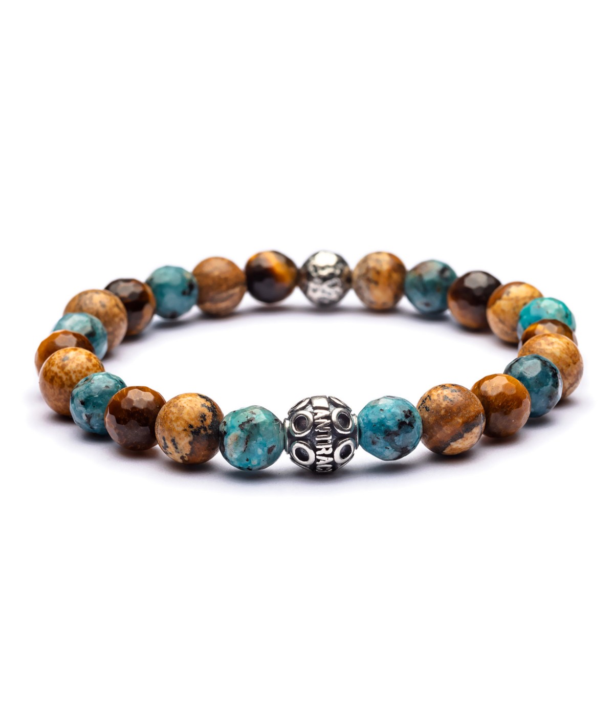 Perseo - Armband 8 mm Kugeln - 925er Silber Howlith, Tigerauge, Paesina Stei