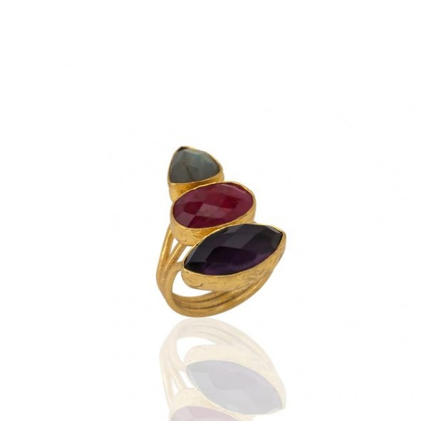 Ring Messing vergoldet Labradorit, Rubin und Amethyst