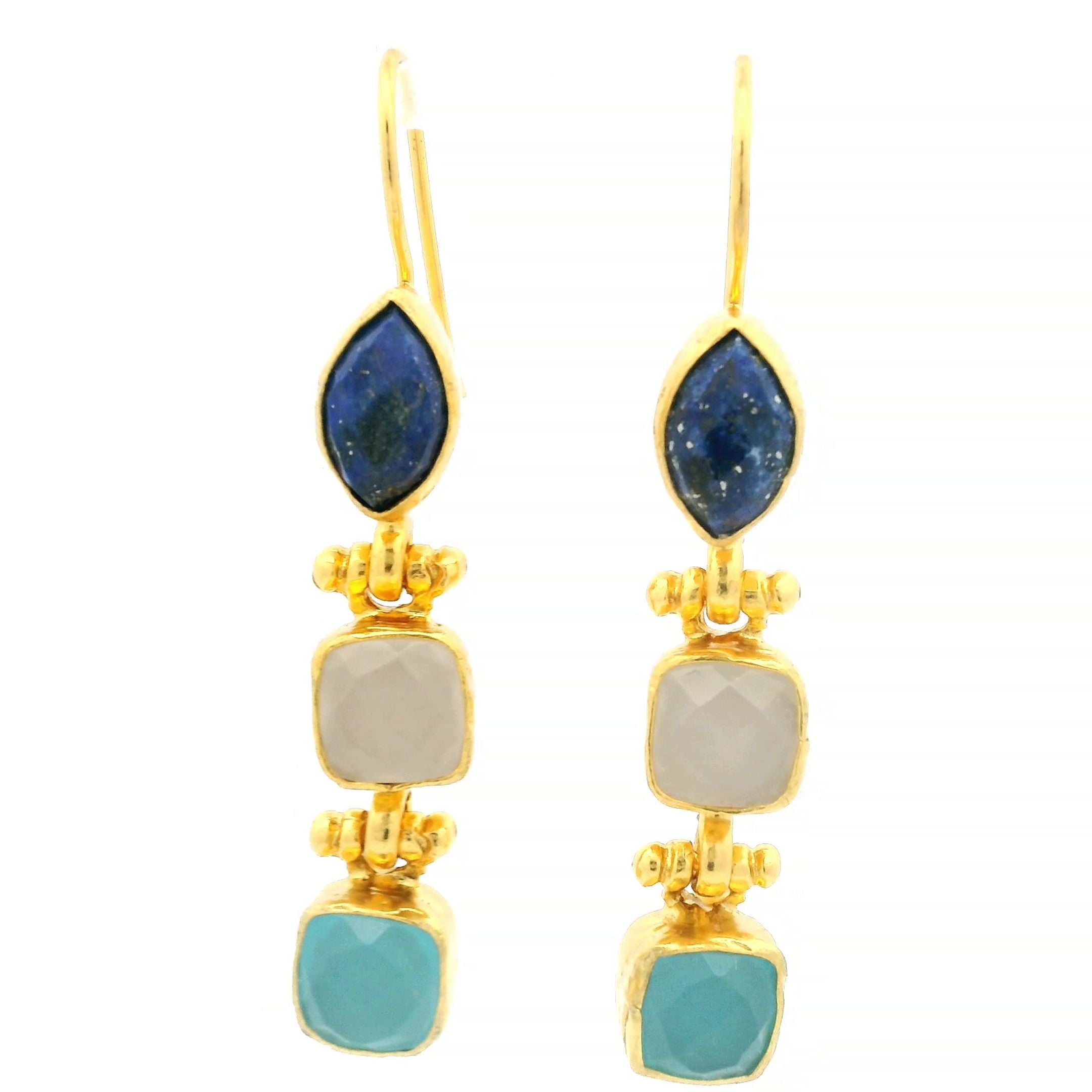 Ohrring aus Messing, vergoldet, Aquachalcedon, Chalcedon, Lapislazuli