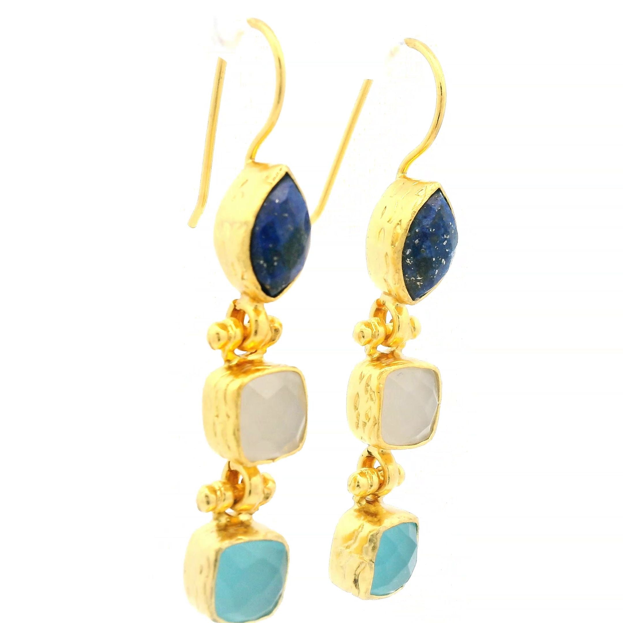 Ohrring aus Messing, vergoldet, Aquachalcedon, Chalcedon, Lapislazuli