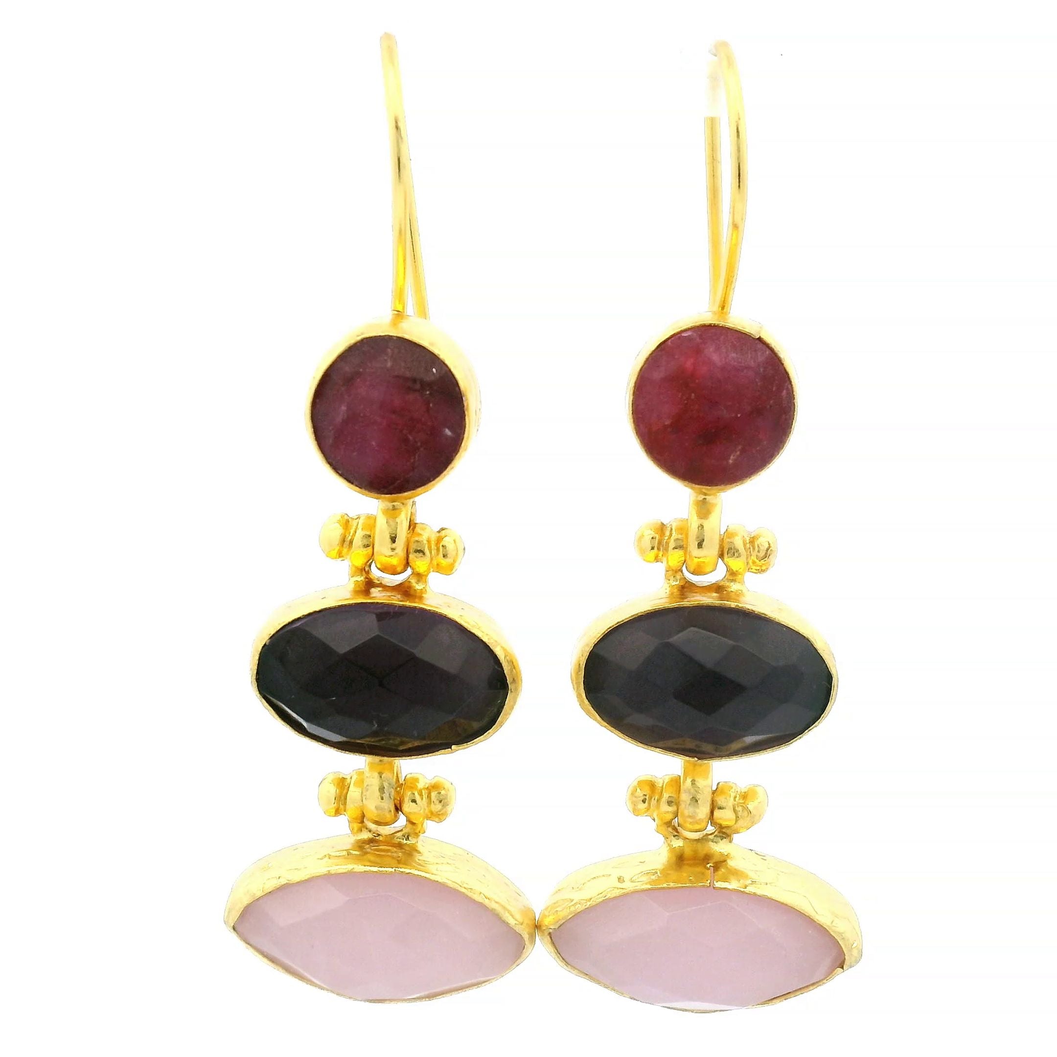 Ohrring aus Messing vergoldet, Rubin, Amethyst, Rosenquarz
