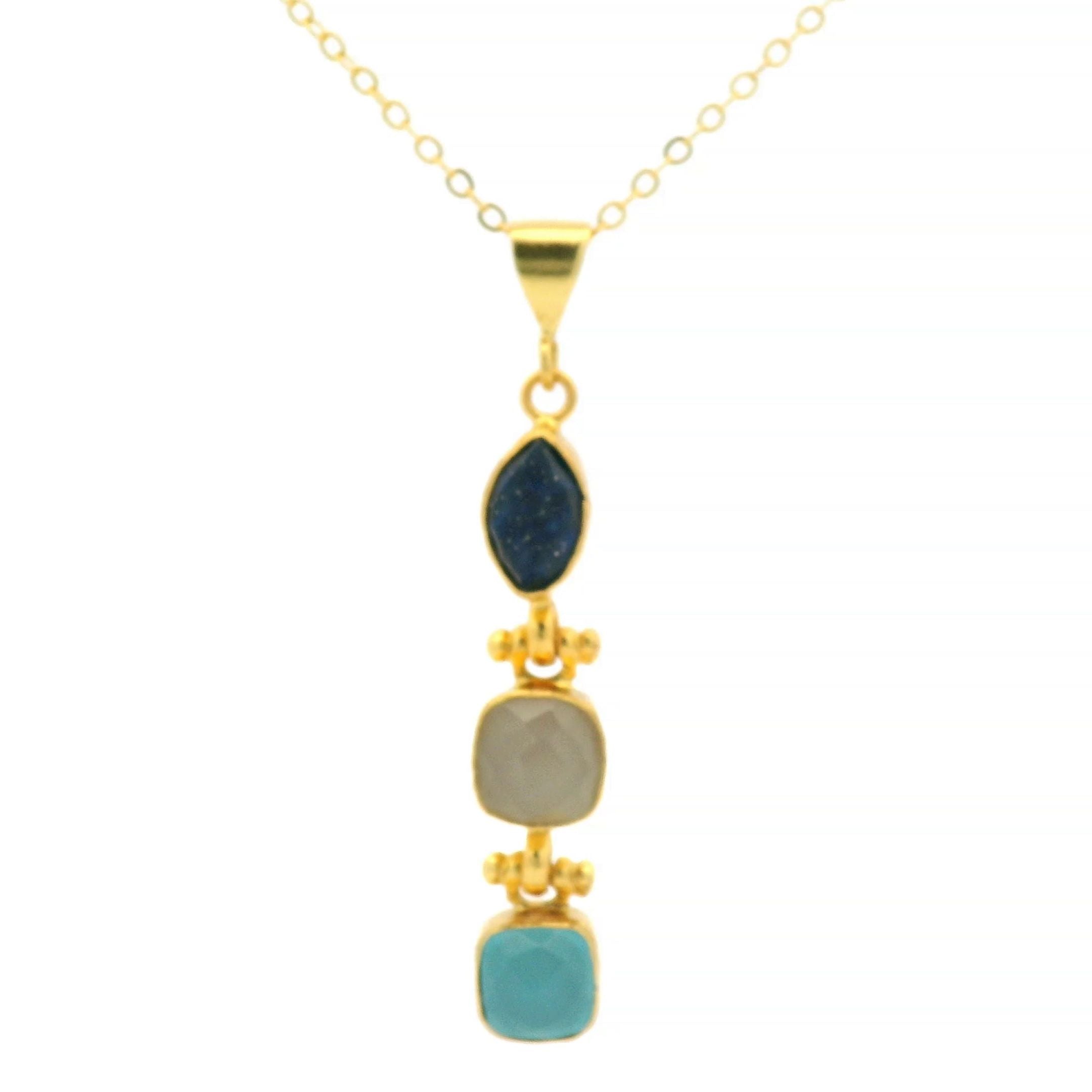 Kette Messing vergoldet, Aquachalcedon, Chalcedon, Lapislazuli
