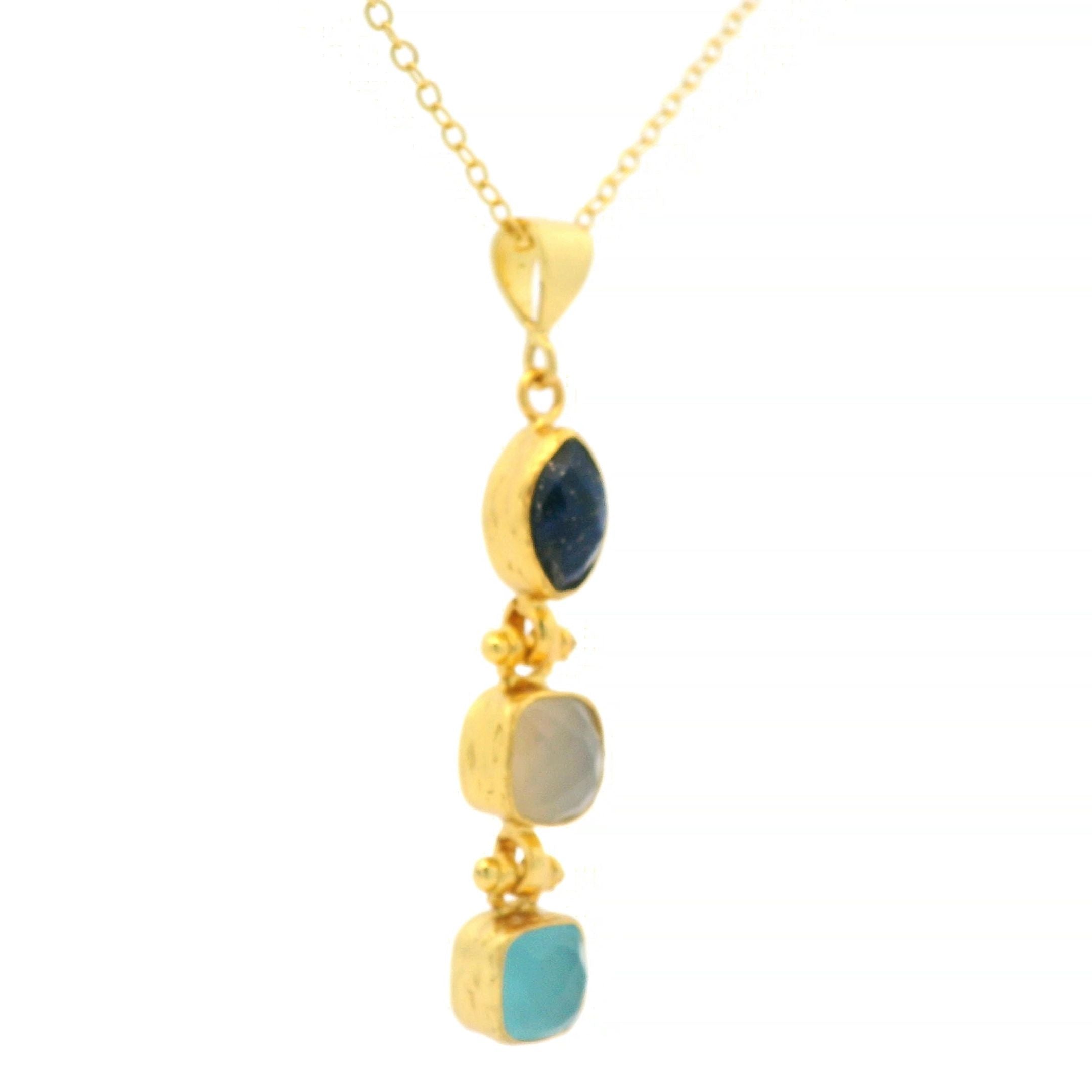 Kette Messing vergoldet, Aquachalcedon, Chalcedon, Lapislazuli