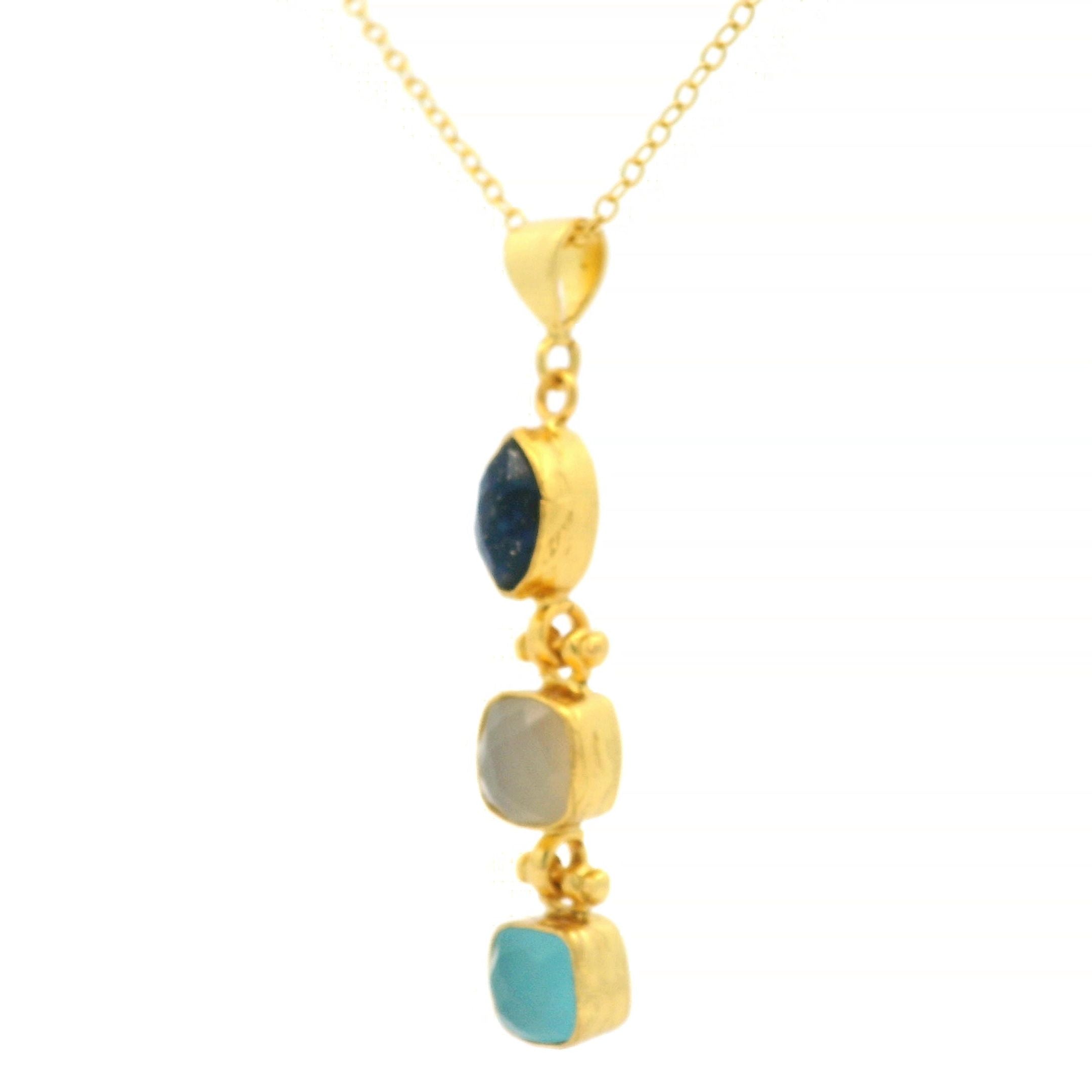 Kette Messing vergoldet, Aquachalcedon, Chalcedon, Lapislazuli