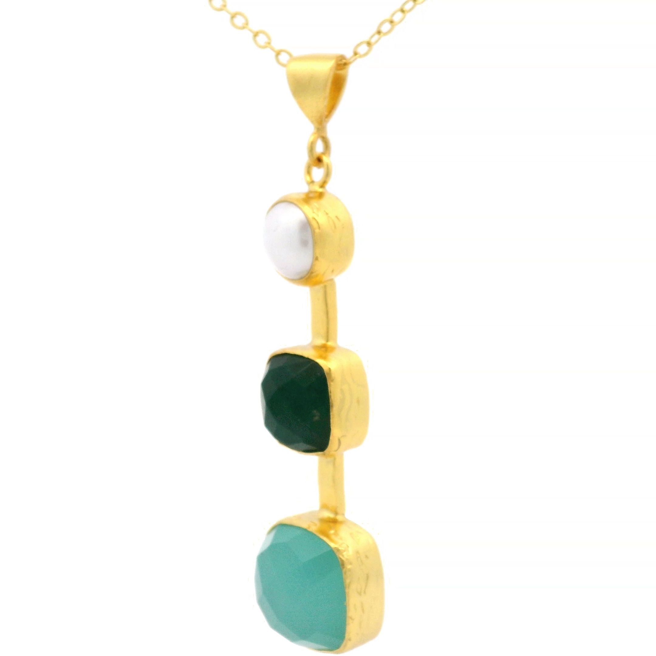Kette Messing vergoldet, grüne Jade, Aquachalcedon und Süsswasserperle