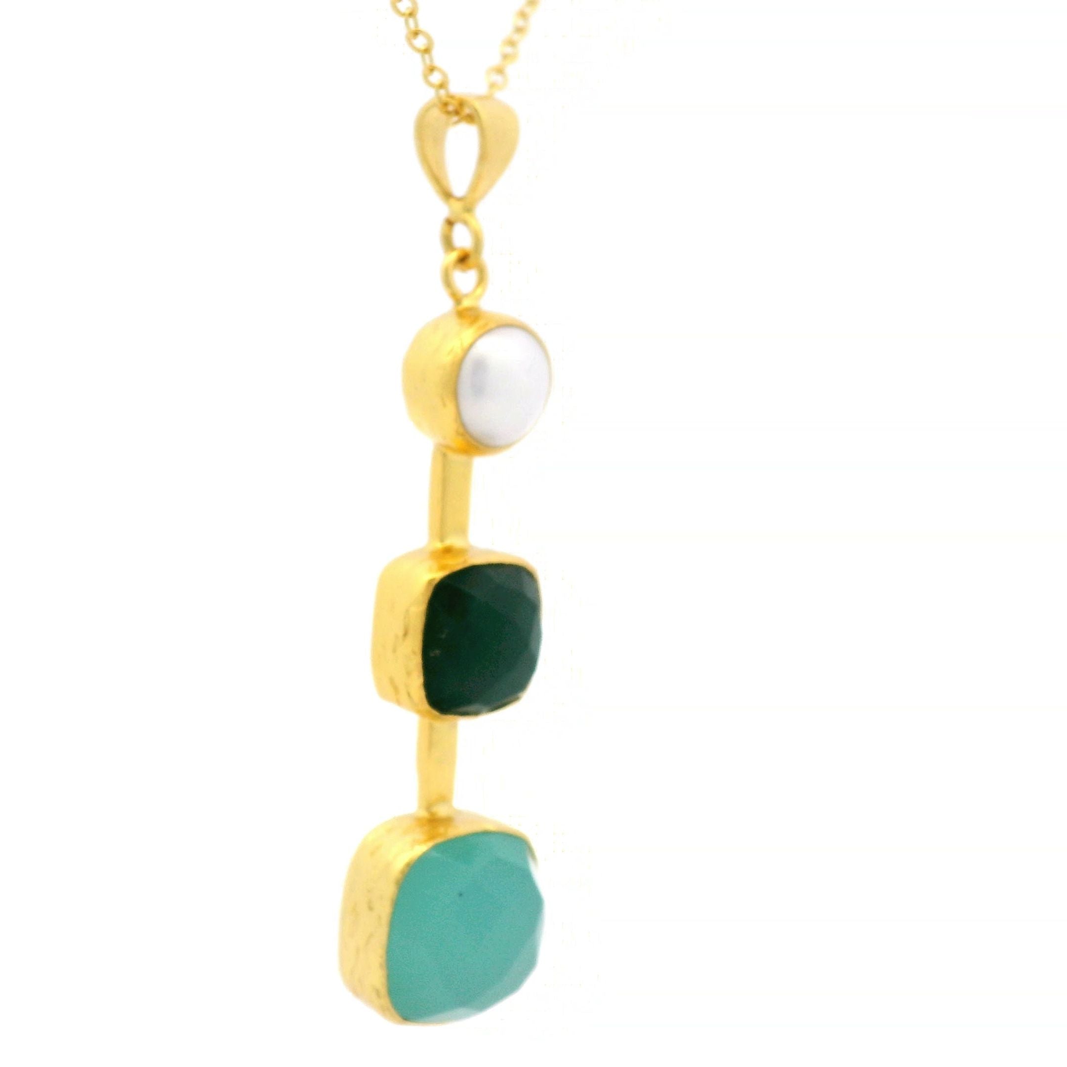 Kette Messing vergoldet, grüne Jade, Aquachalcedon und Süsswasserperle