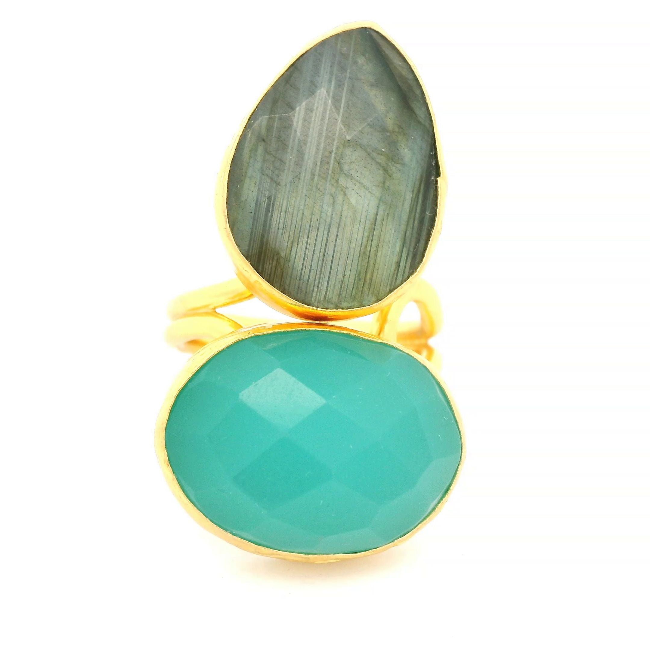 Ring Messing vergoldet, Labradorit und Aquachalcedon