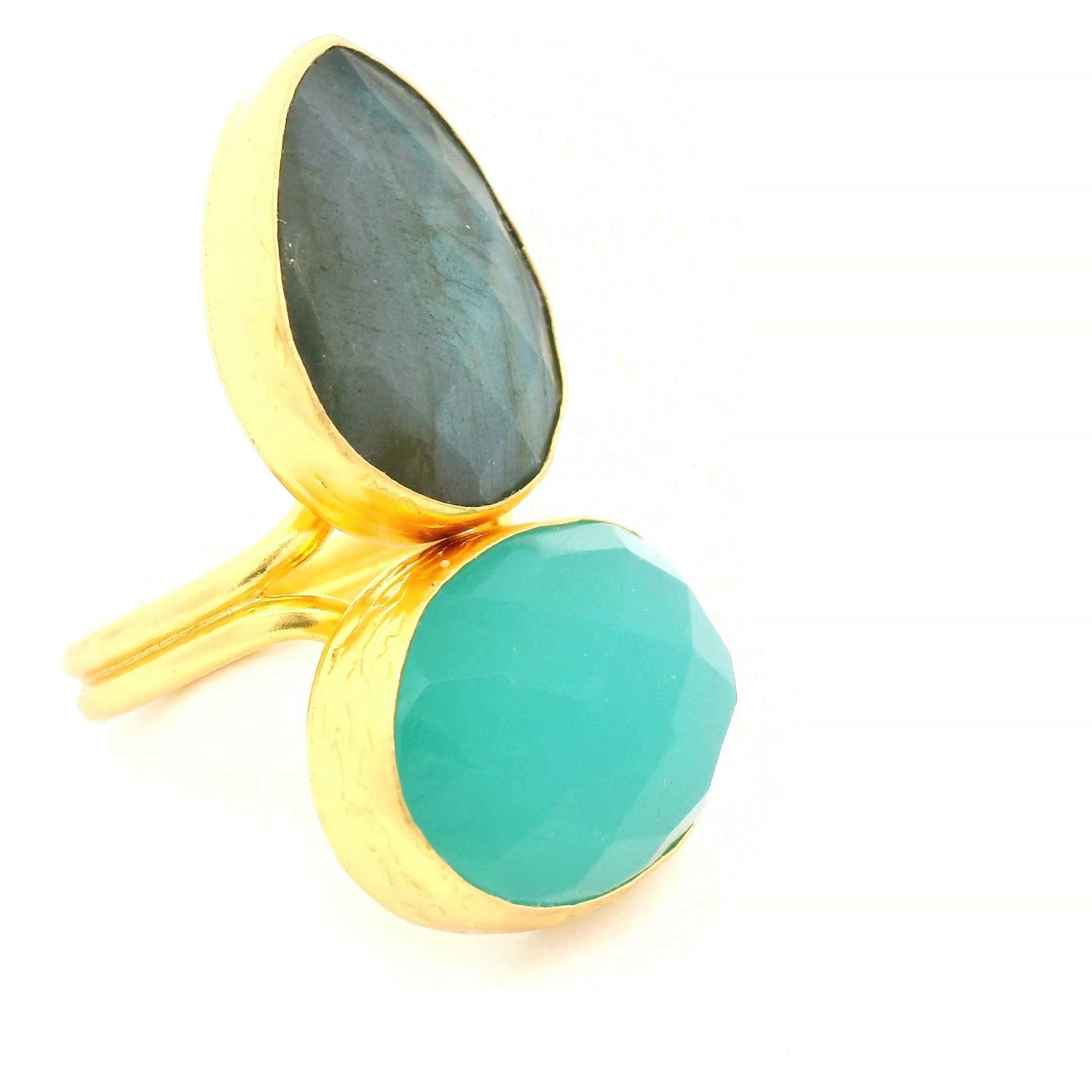 Ring Messing vergoldet, Labradorit und Aquachalcedon