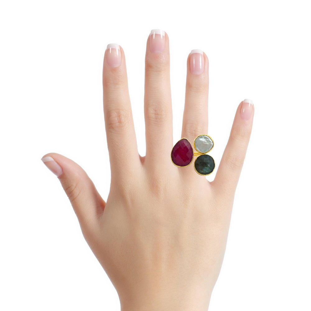 Ring Messing vergoldet, Rubin, Barockperle, Labradorit
