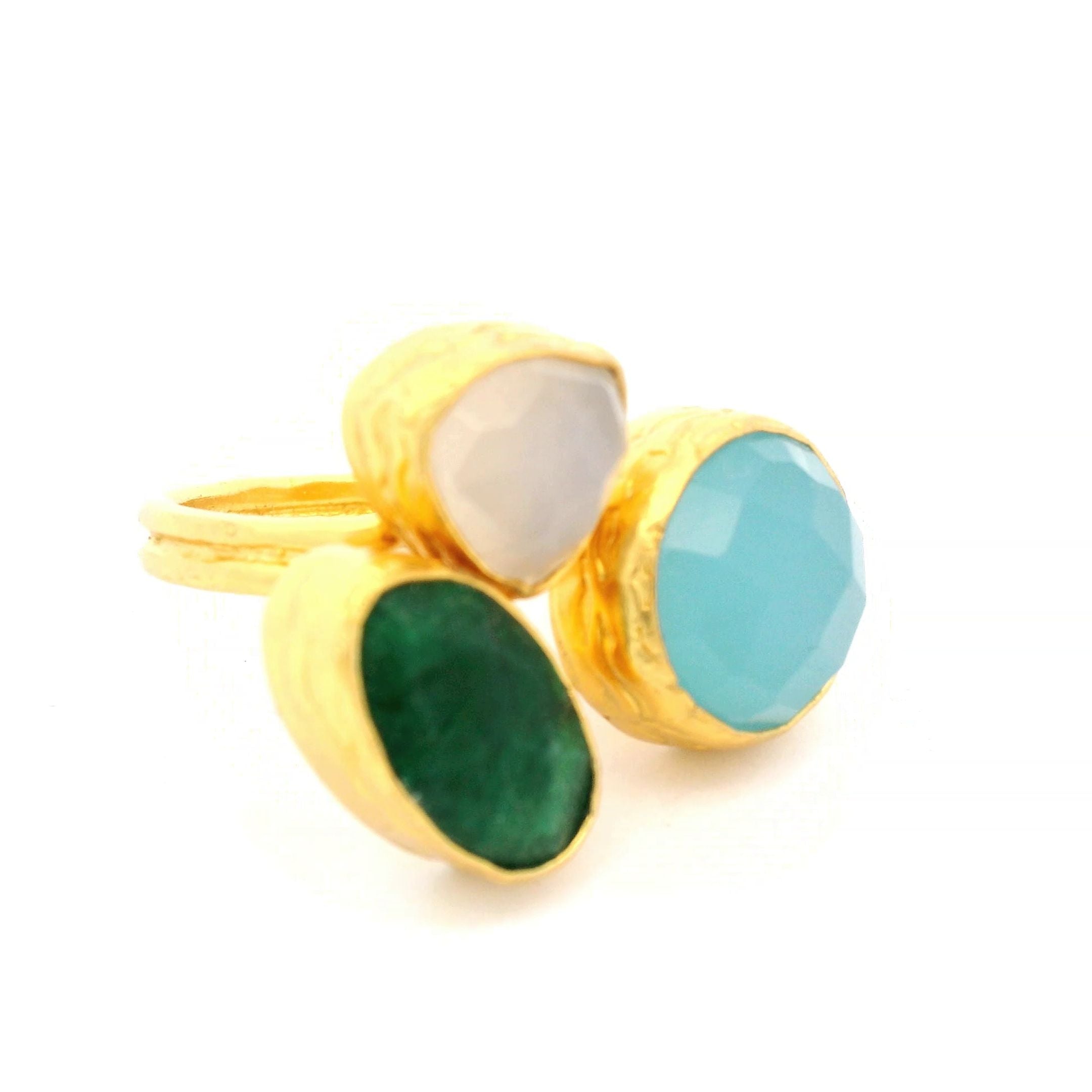 Ring Messing vergoldet, Aquachalcedon, Chalcedon, Smaragd