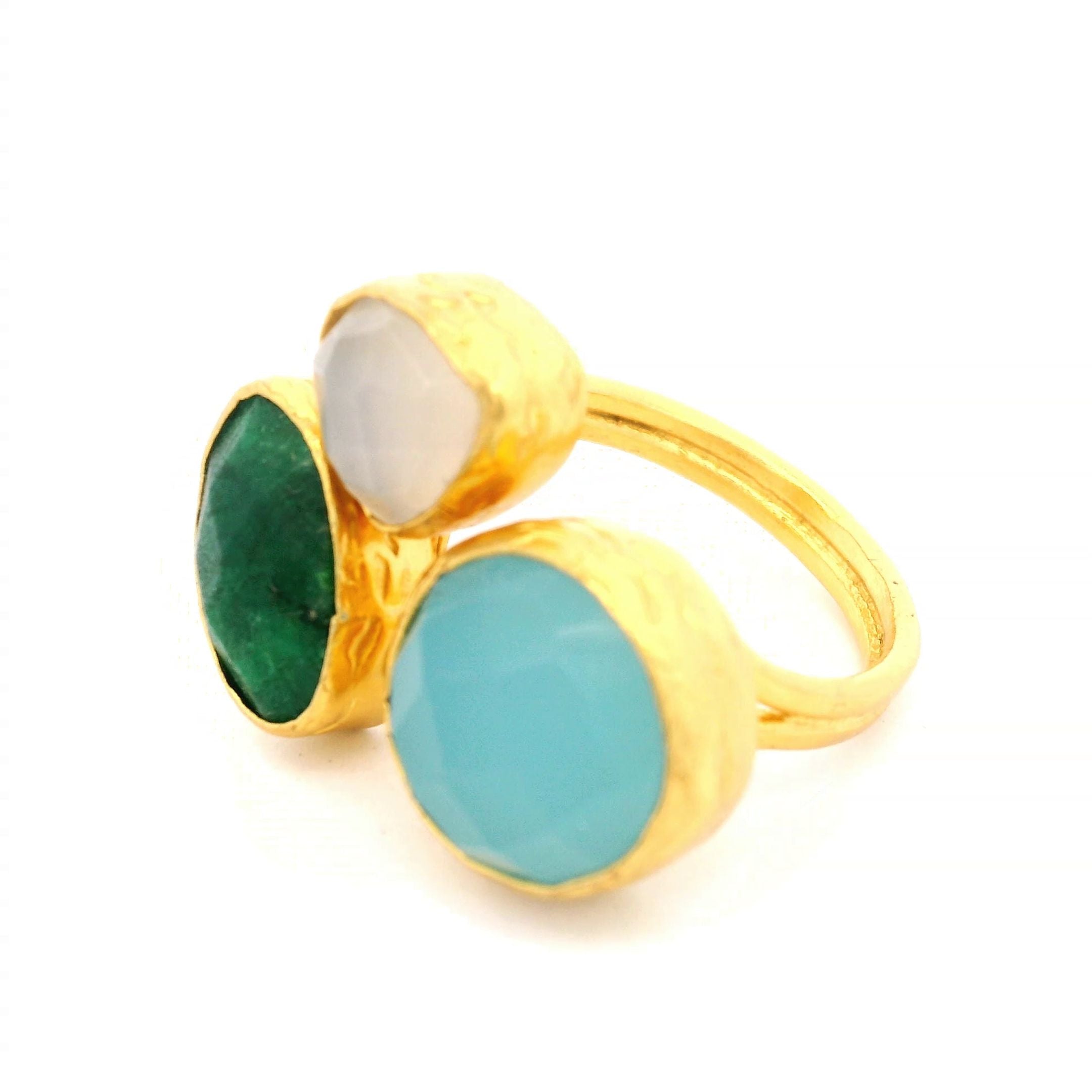 Ring Messing vergoldet, Aquachalcedon, Chalcedon, Smaragd