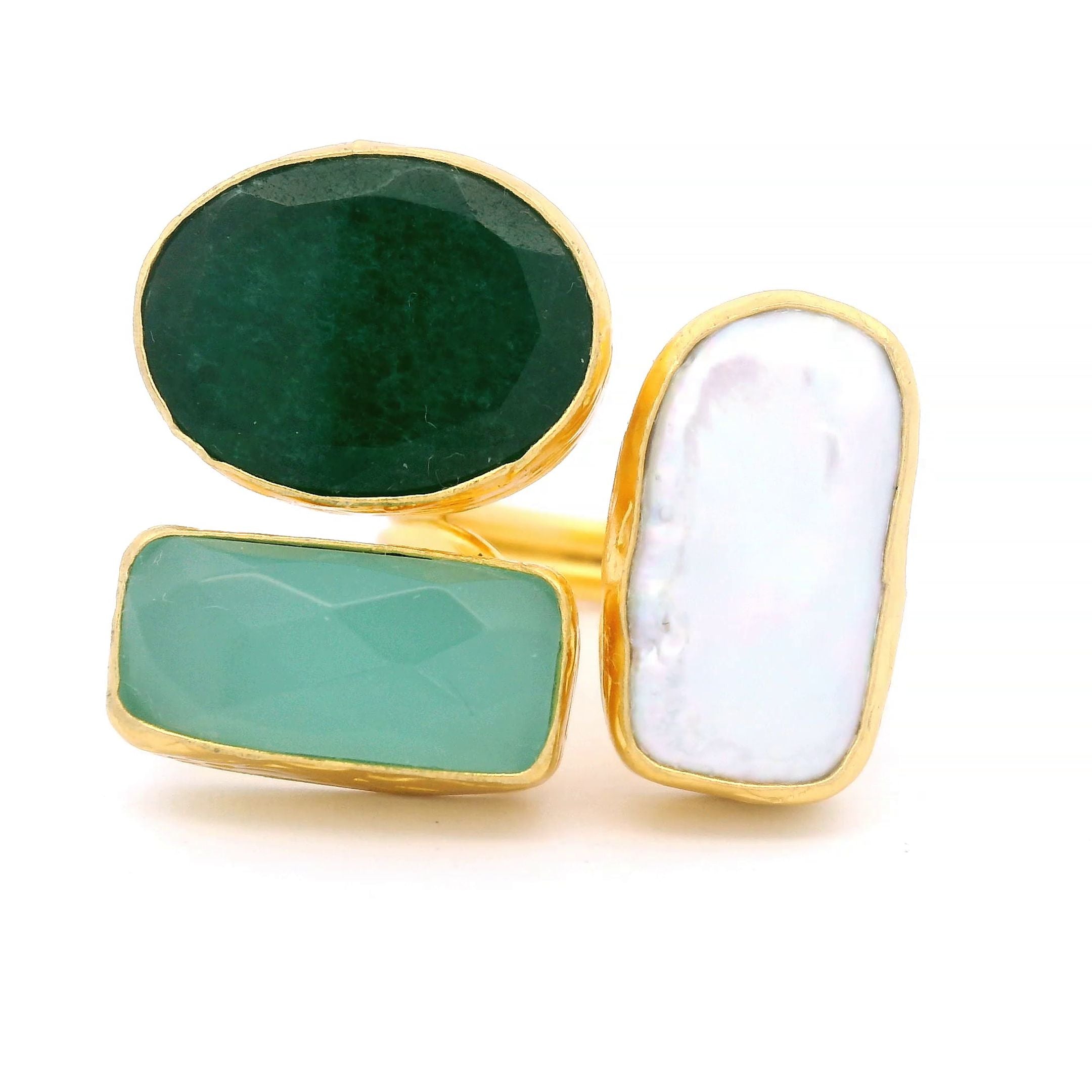 Ring Messing vergoldet Aquachalcedon Barockperle und grüne Jade