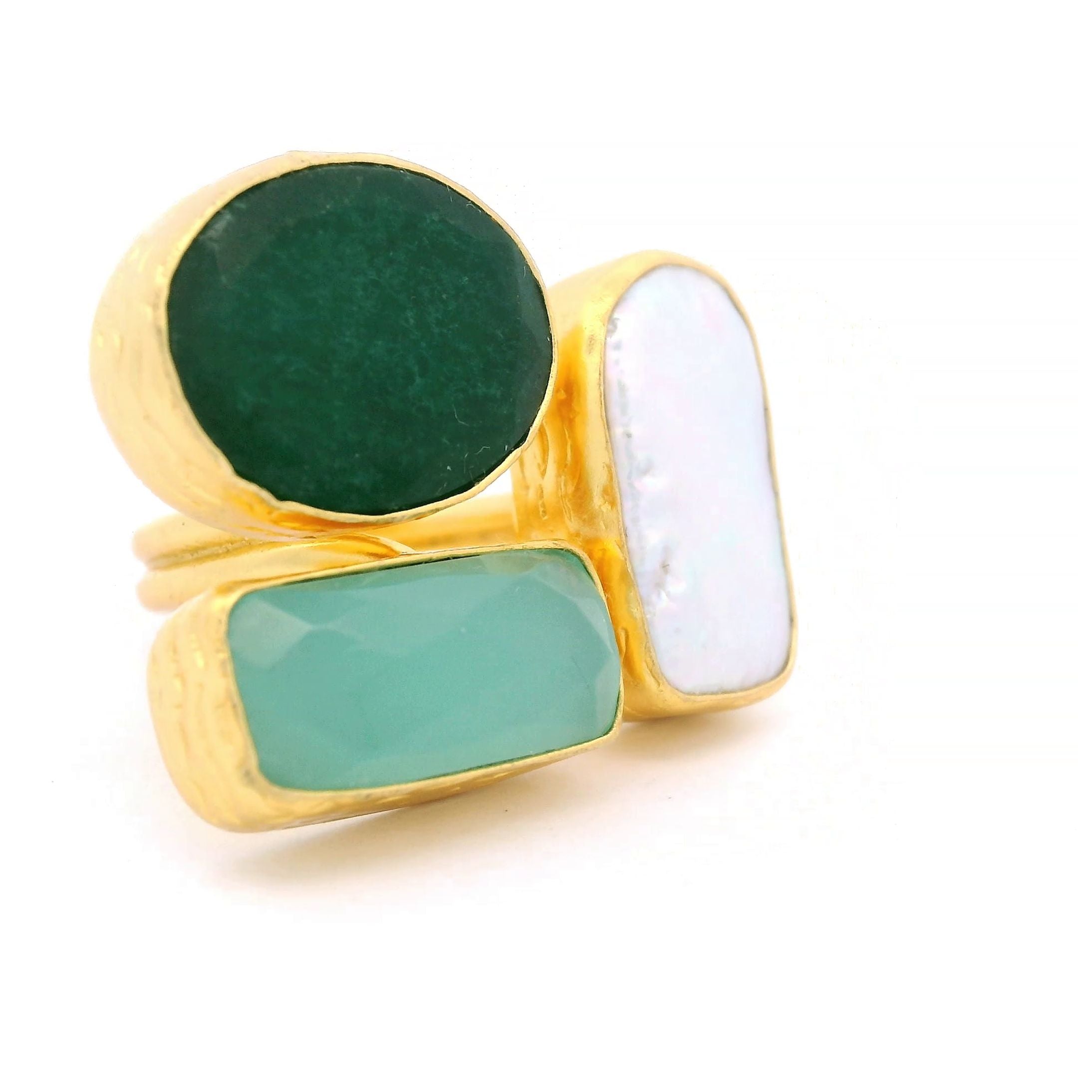 Ring Messing vergoldet Aquachalcedon Barockperle und grüne Jade