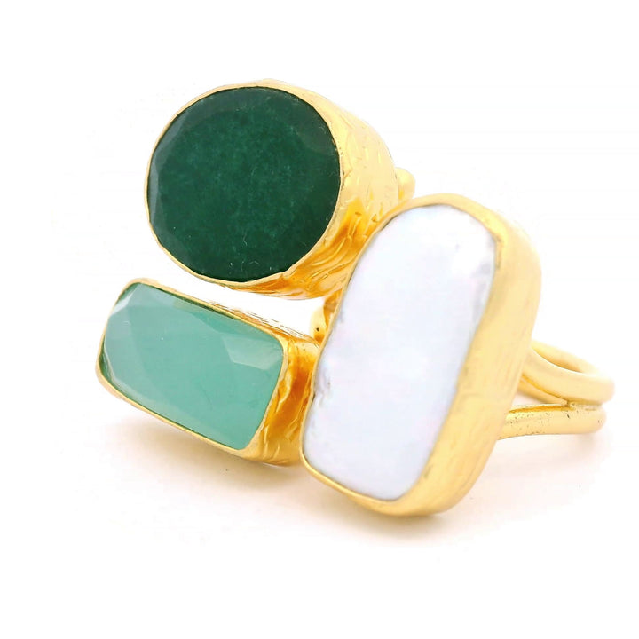 Ring Messing vergoldet Aquachalcedon Barockperle und grüne Jade