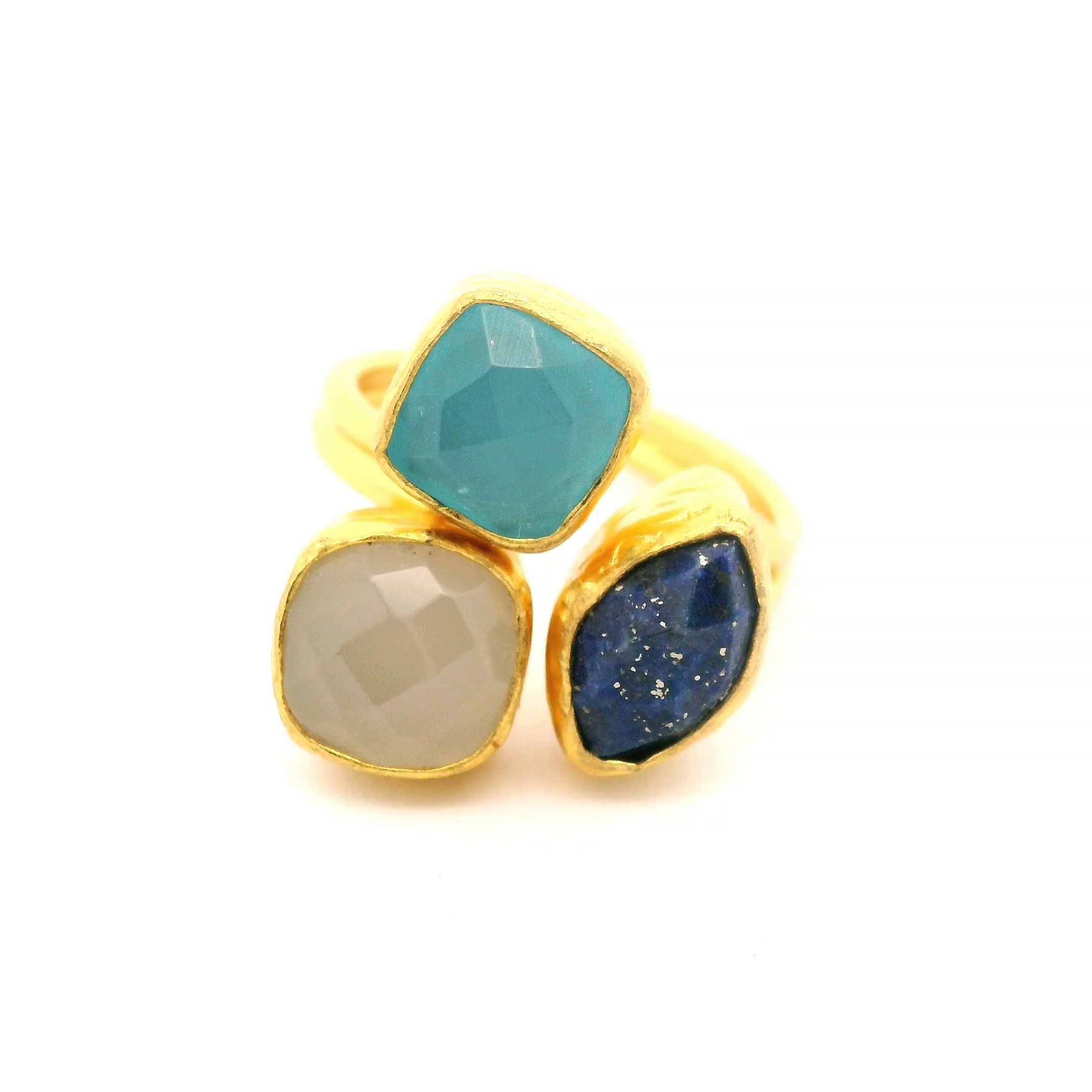 Ring Messing vergoldet, Aquachalcedon, Chalcedon und Lapislazuli