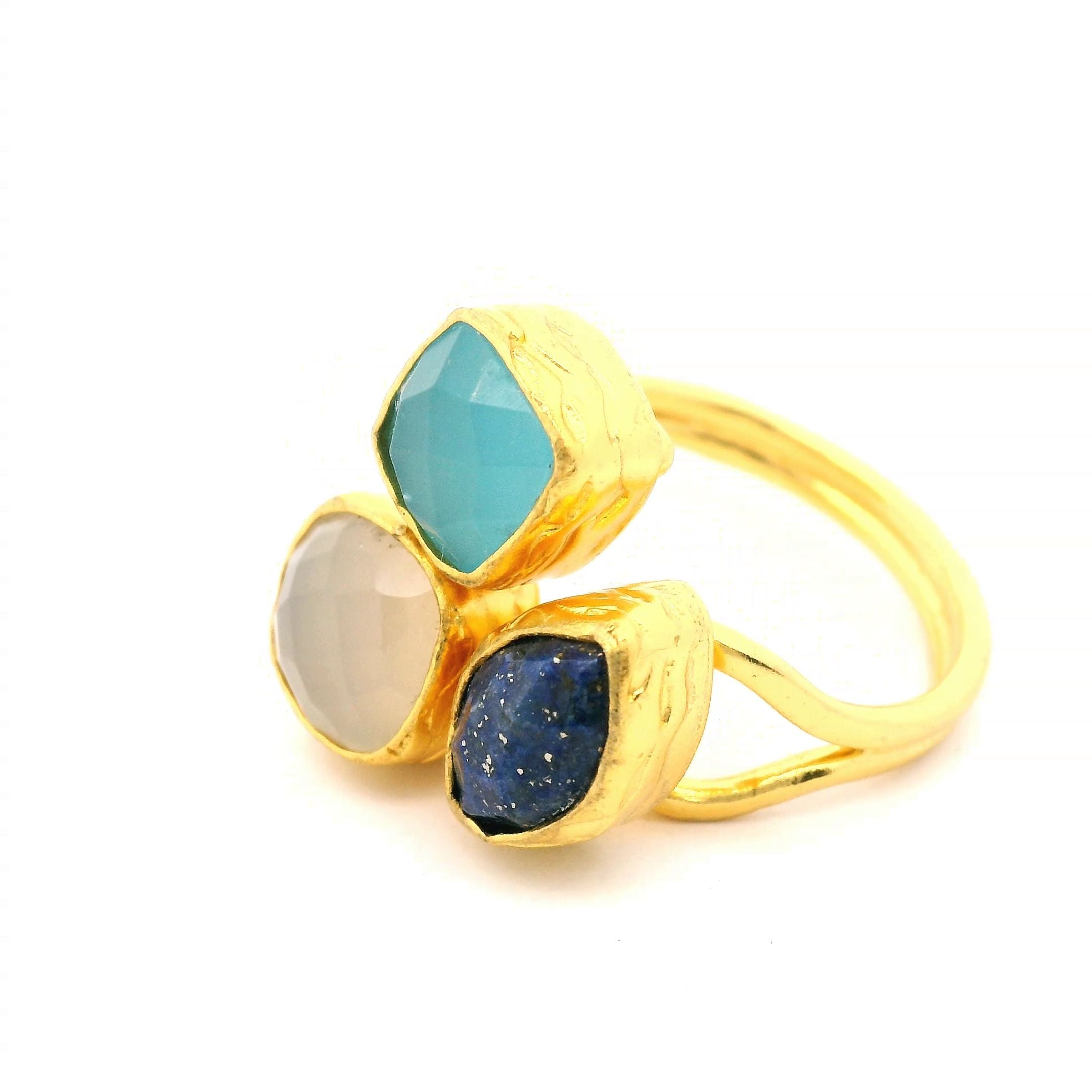 Ring Messing vergoldet, Aquachalcedon, Chalcedon und Lapislazuli