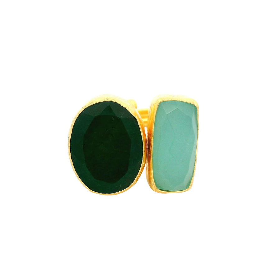 Ring Messing vergoldet, grüne Jade und Aquachalcedon