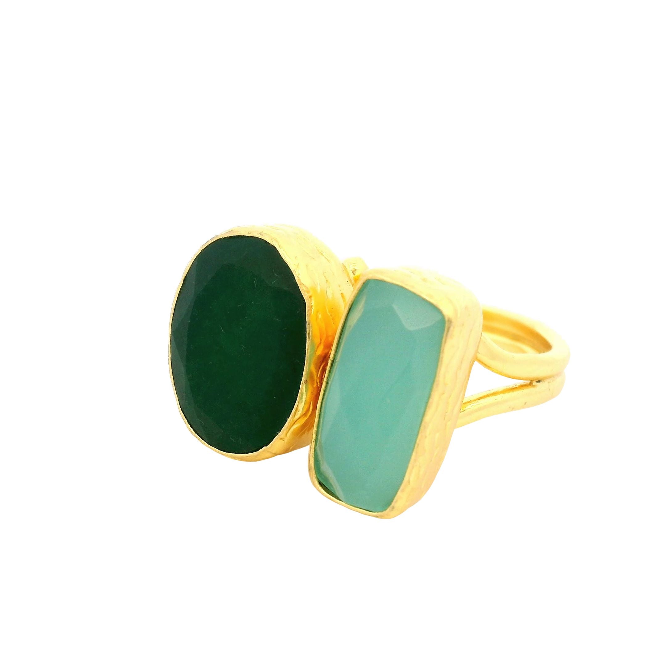 Ring Messing vergoldet, grüne Jade und Aquachalcedon