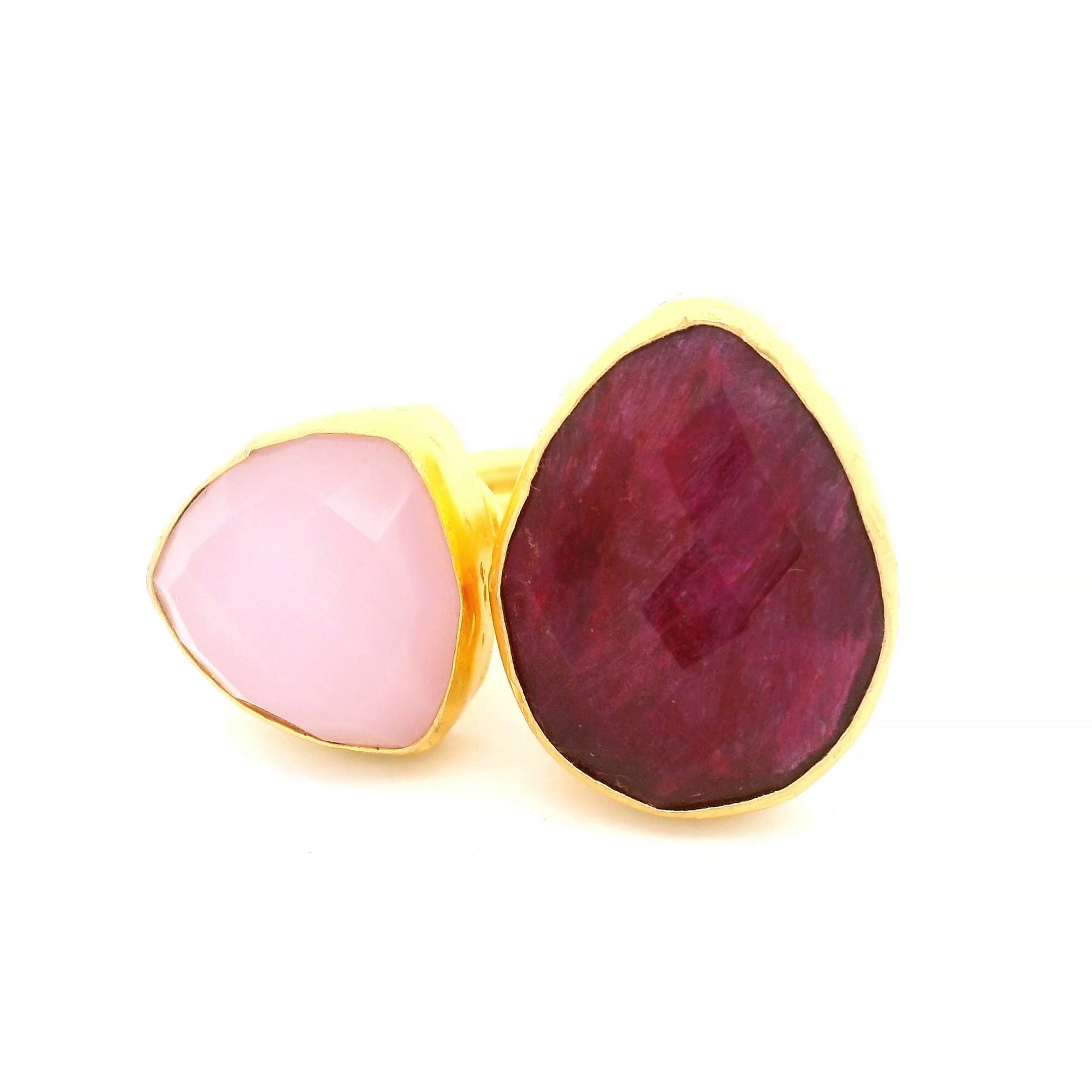 Ring Messing vergoldet, Rubin und Rosenquarz