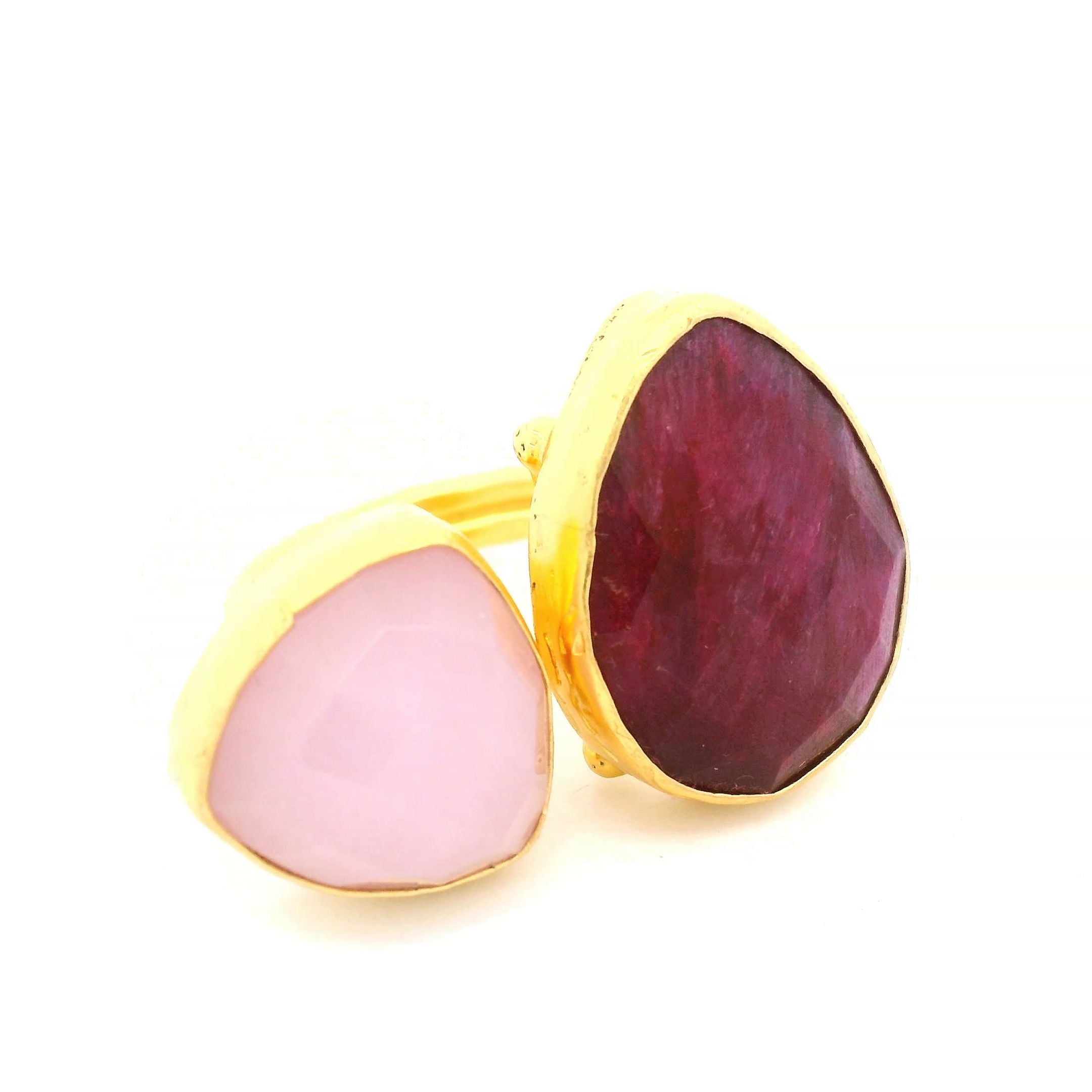 Ring Messing vergoldet, Rubin und Rosenquarz