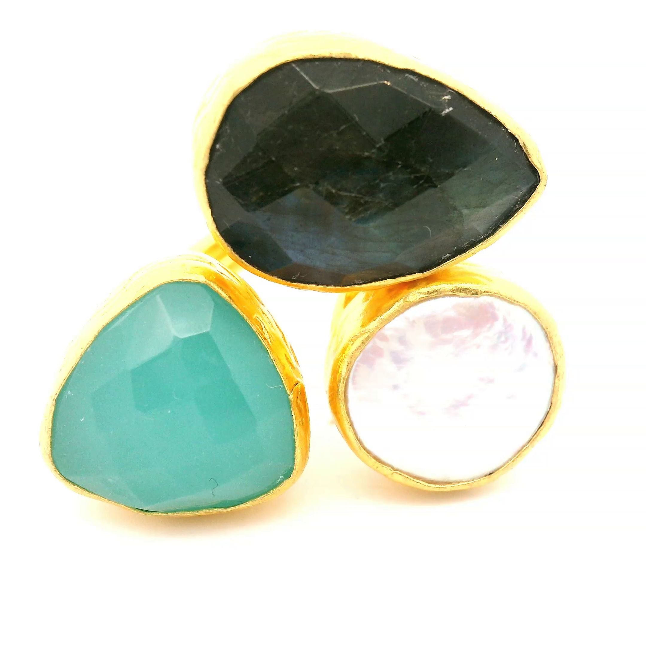 Ring Messing vergoldet, Aquachalcedon, Barockperle und Labradorit