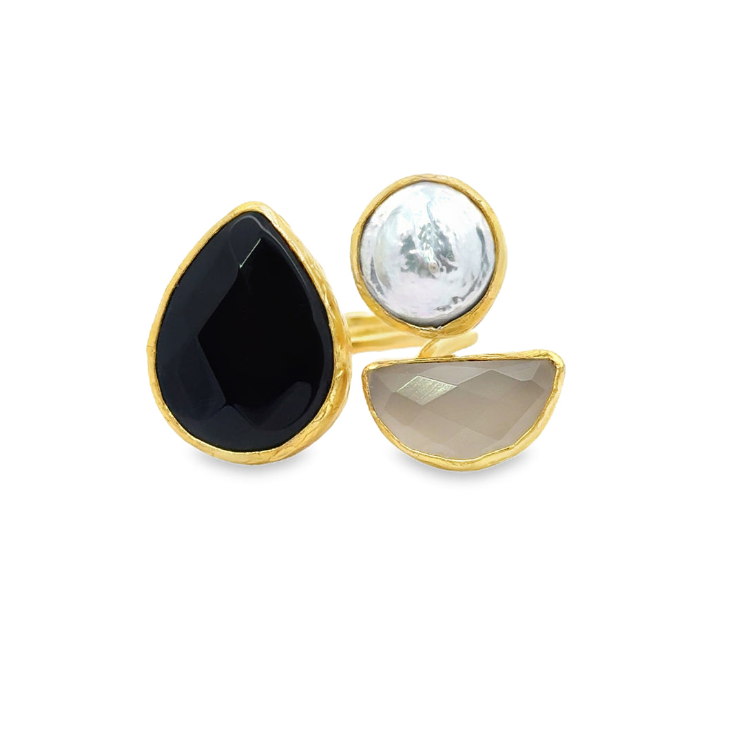 Ring Messing vergoldet Chalcedon, Onyx und Barockperle