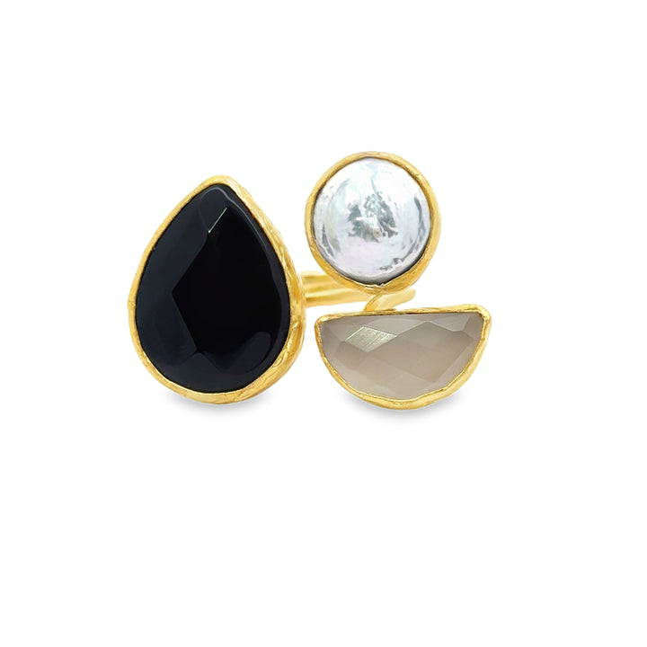 Ring Messing vergoldet Chalcedon, Onyx und Barockperle