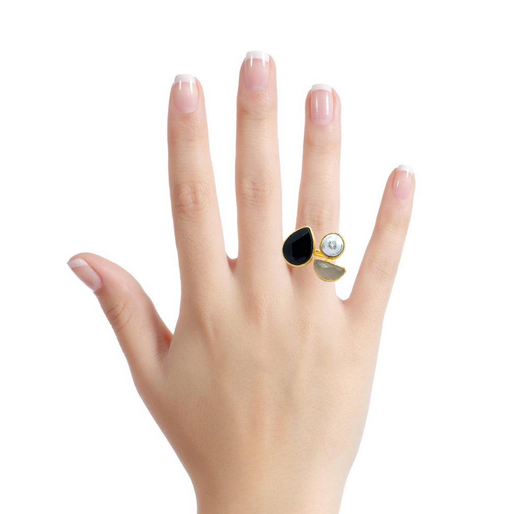 Ring Messing vergoldet Chalcedon, Onyx und Barockperle