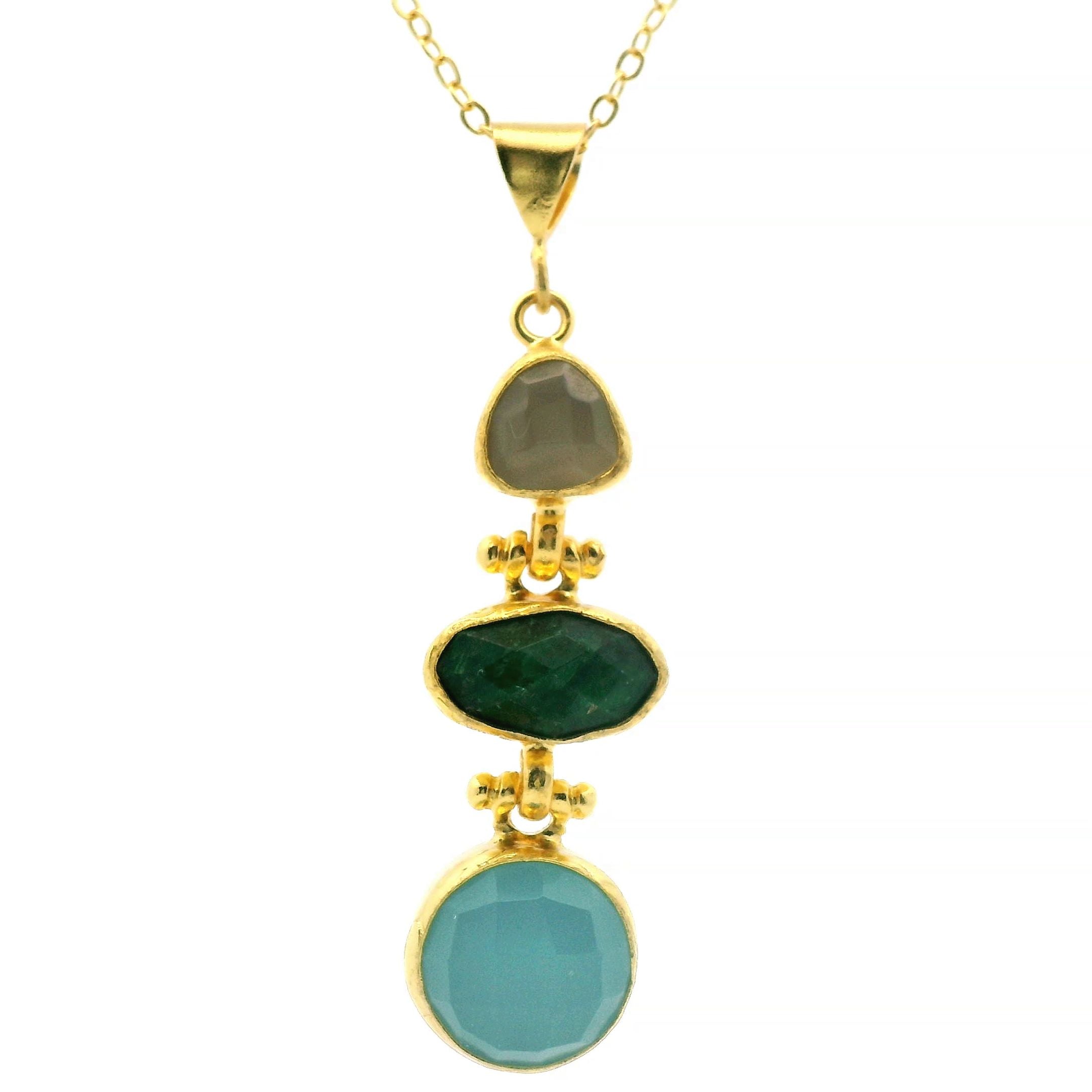 Kette Messing vergoldet mit Aquachalcedon, Chalcedon, Smaragd
