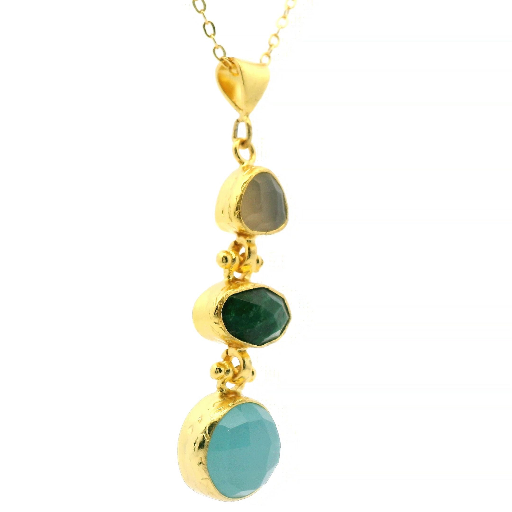 Kette Messing vergoldet mit Aquachalcedon, Chalcedon, Smaragd