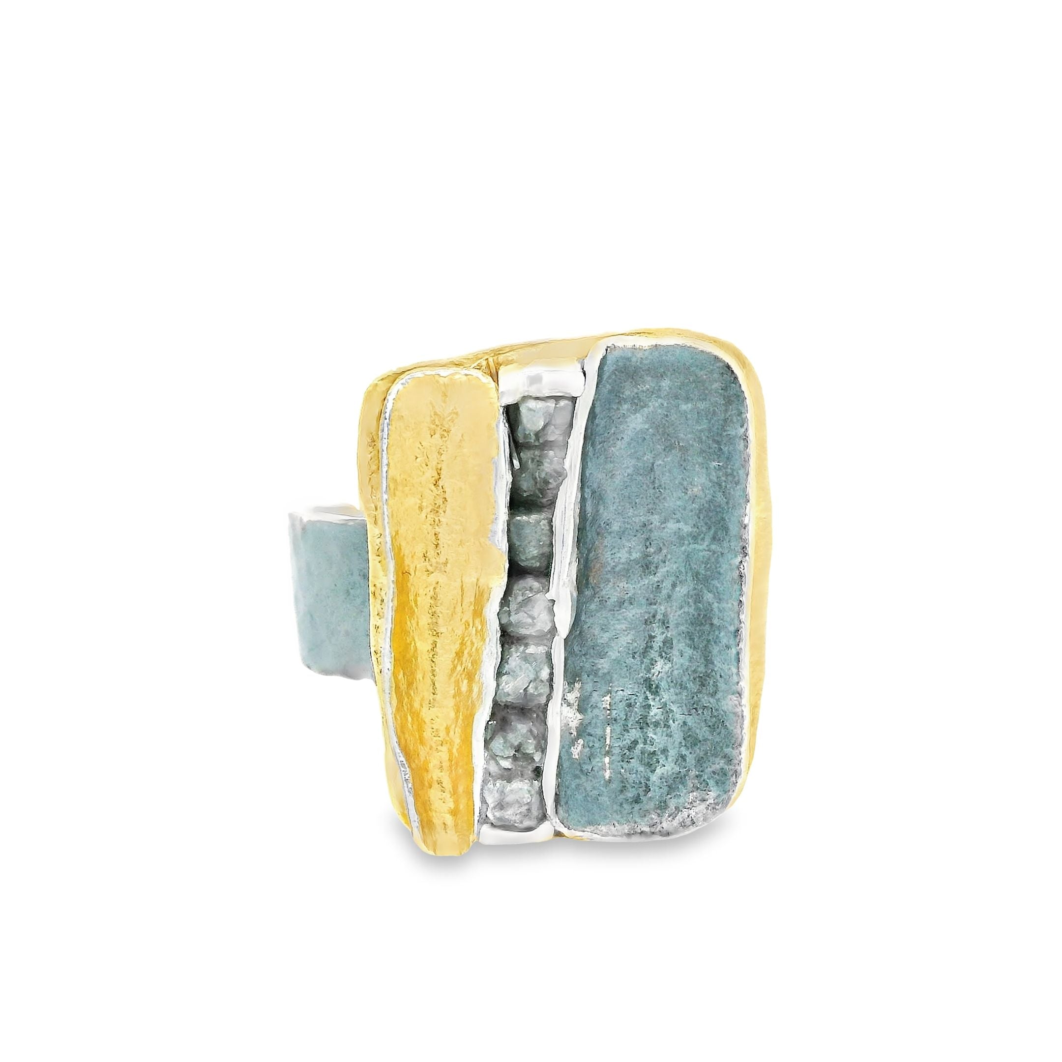 Silber vergoldeter und geschwärzter Ring mit sieben Rohdiamanten, Gr. 58