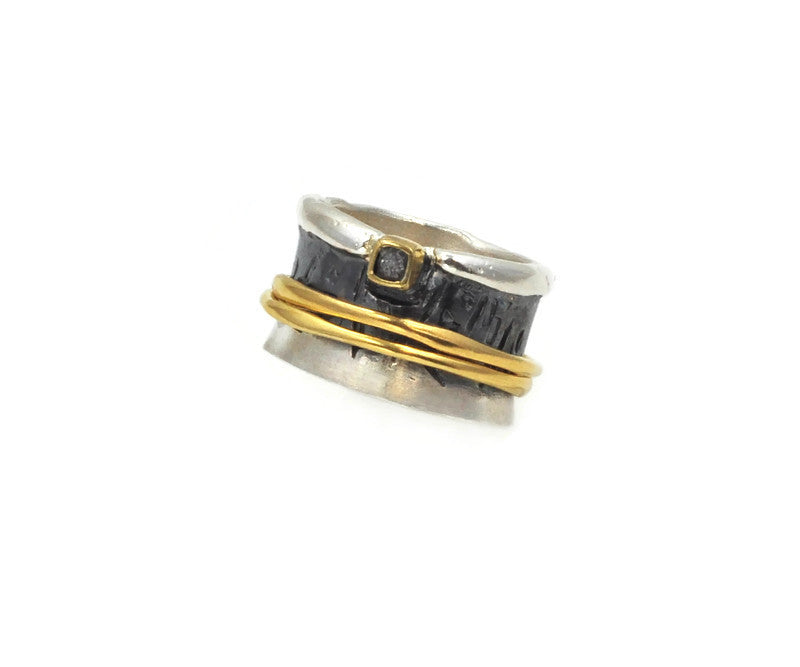 Ring Silber vergoldet und geschwärzt, Rohdiamant, Gr. 60