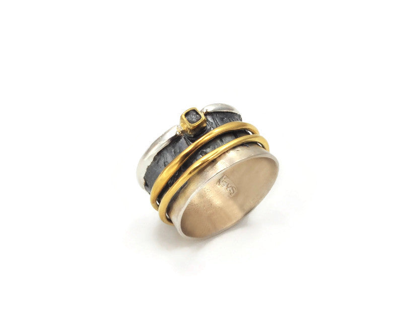 Ring Silber vergoldet und geschwärzt, Rohdiamant, Gr. 60