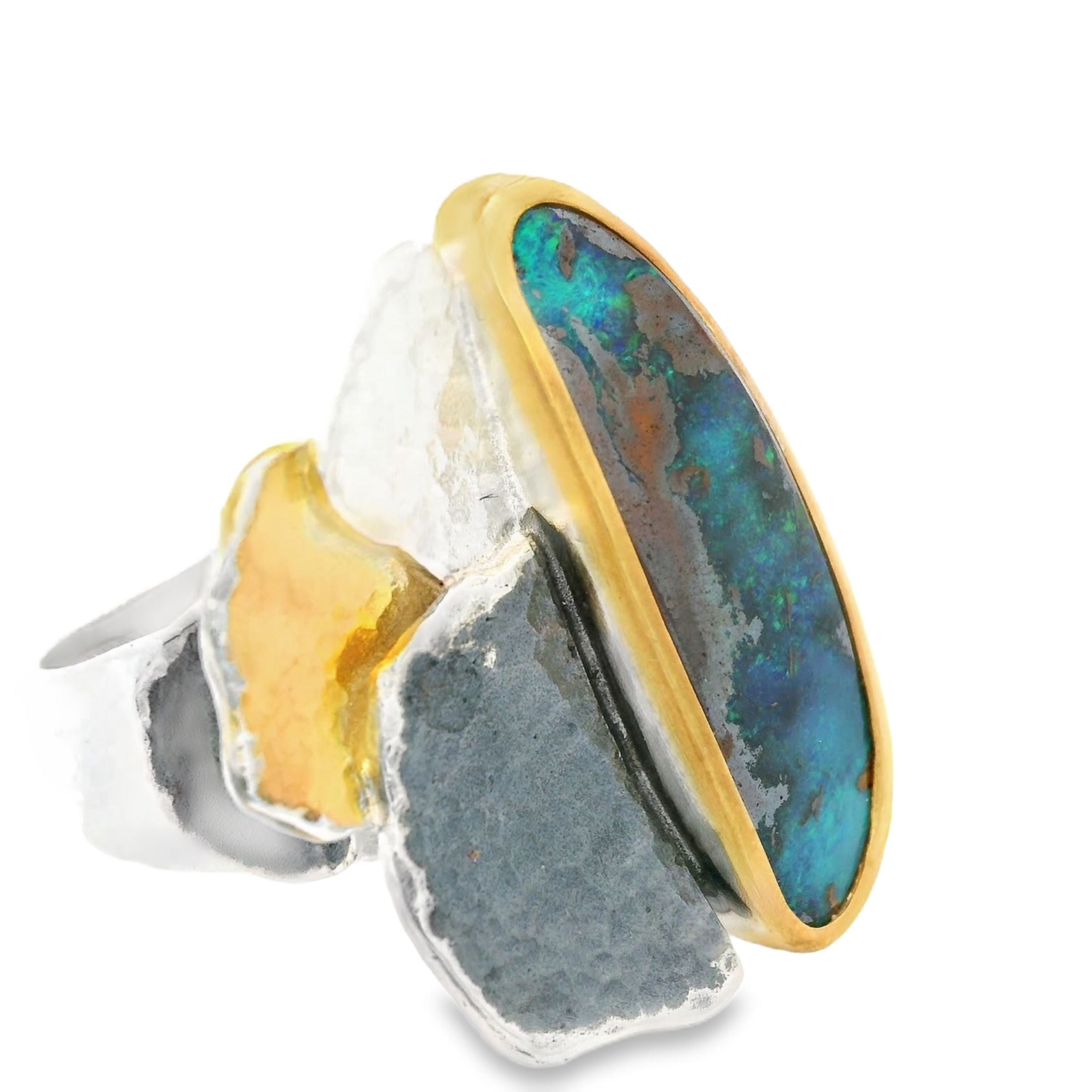 Boulder-Opal Ring, Silber, Silber geschwärzt und Silber vergoldet, Gr.57