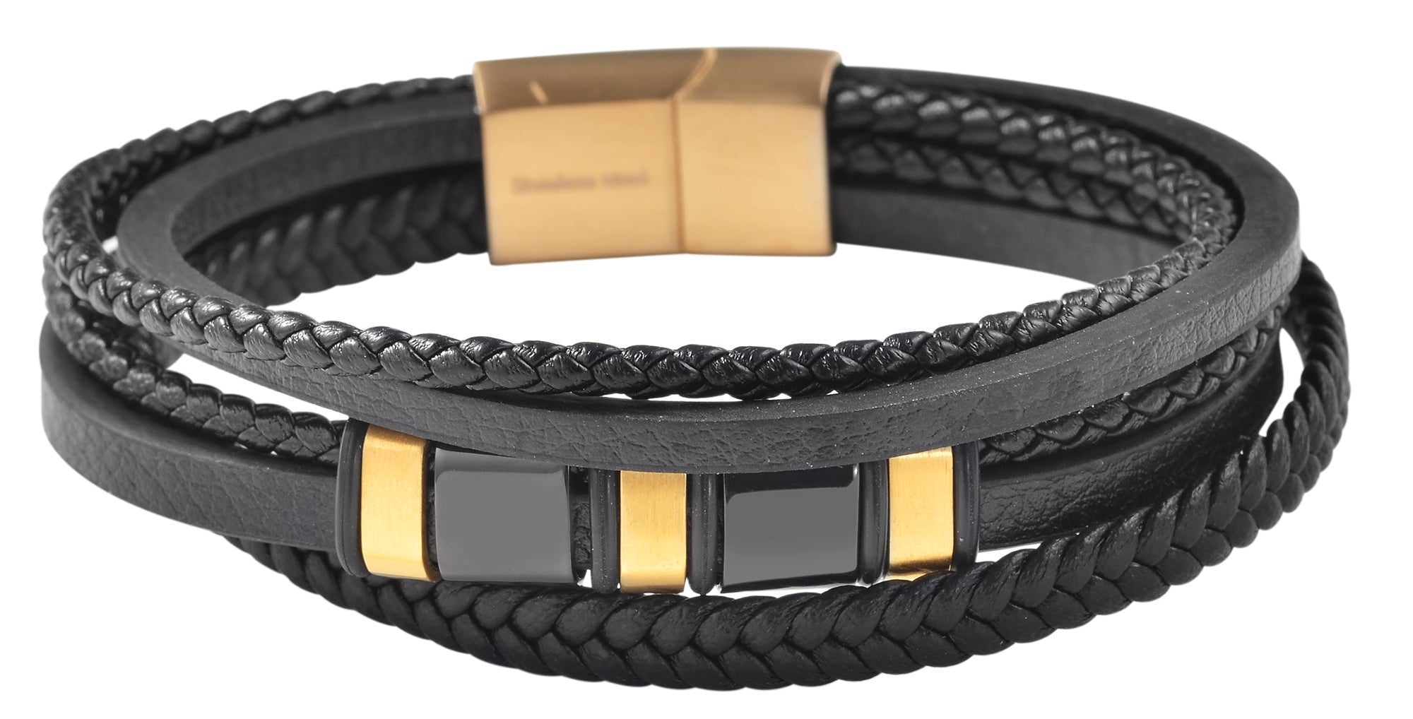 Armband aus Lederimitat mit Edelstahlelementen, Ionenplattiert, schwarz/gold 21