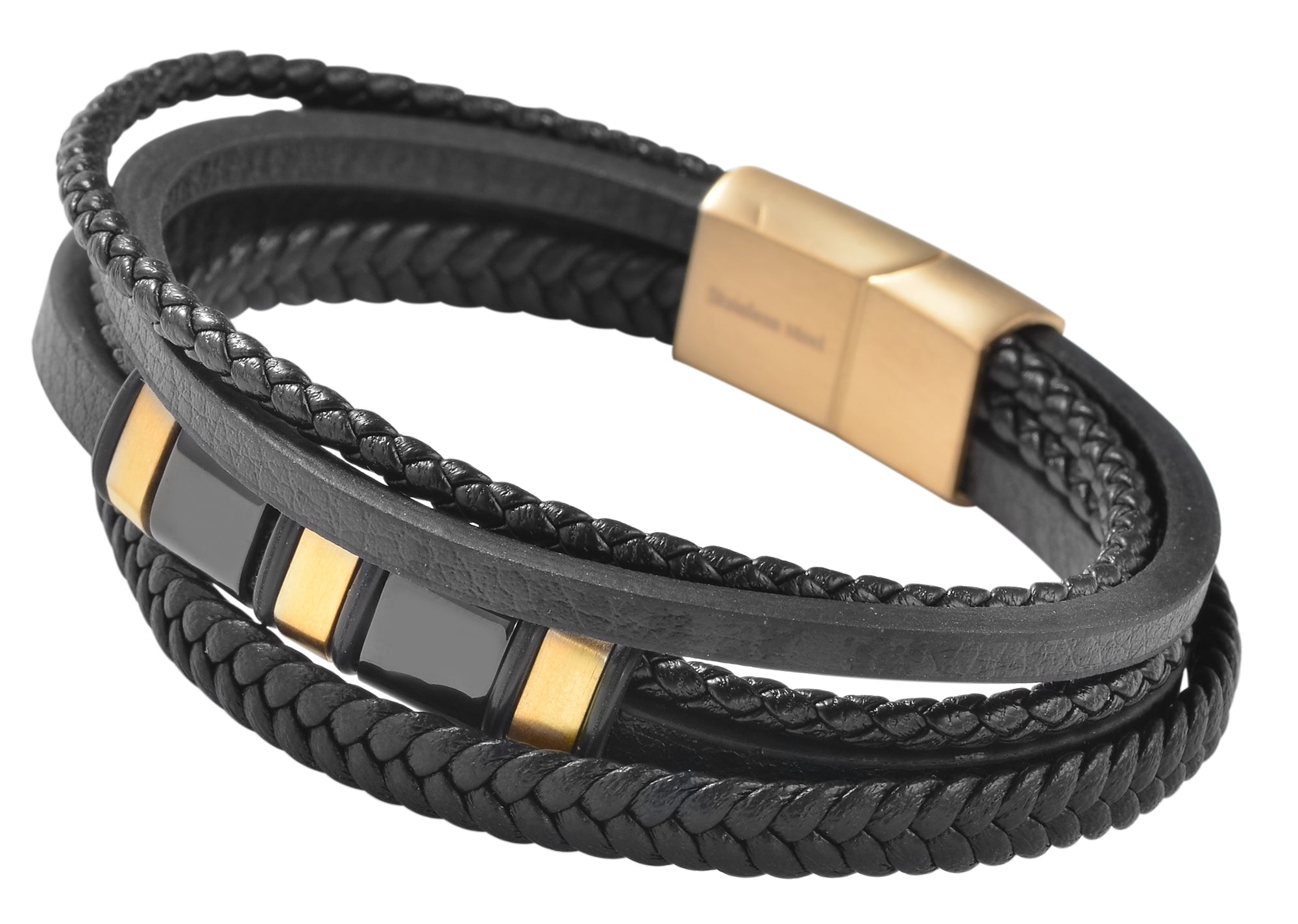 Armband aus Lederimitat mit Edelstahlelementen, Ionenplattiert, schwarz/gold 21