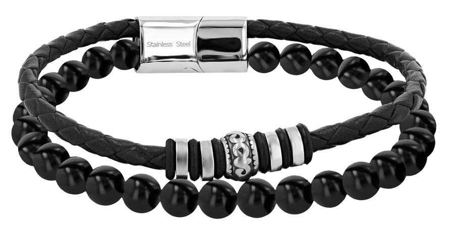 Akzent Armband aus Leder und Onyx Perlen + Edelstahlelemente