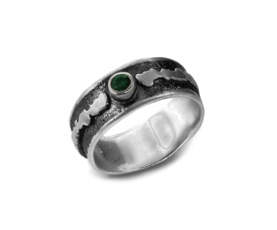 Silber und Silber geschwärzter Ring mit Smaragd, Gr. 57